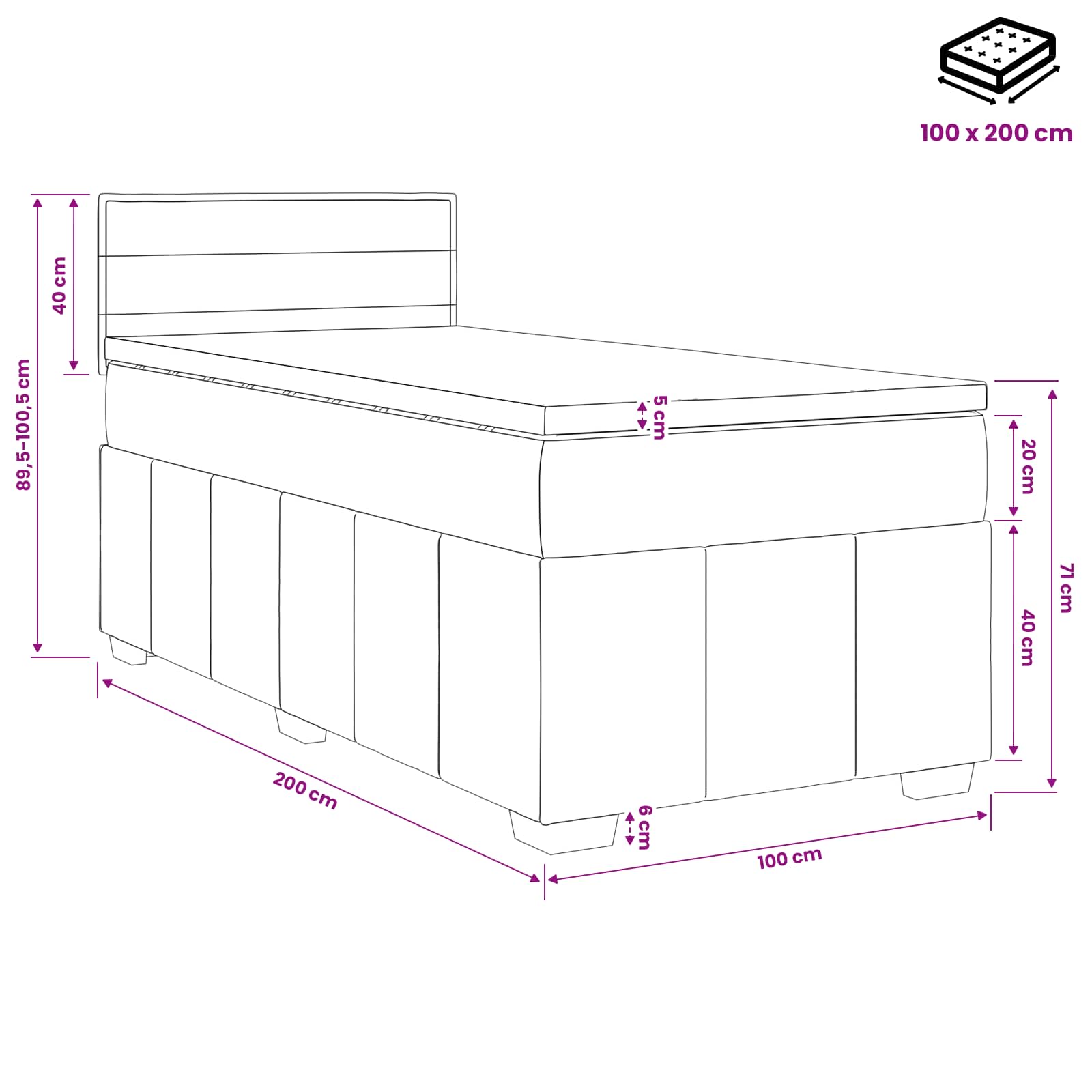 vidaXL Boxspringbett mit Matratze Dunkelgrau 100 x 200 cm Stoff – Bild 13