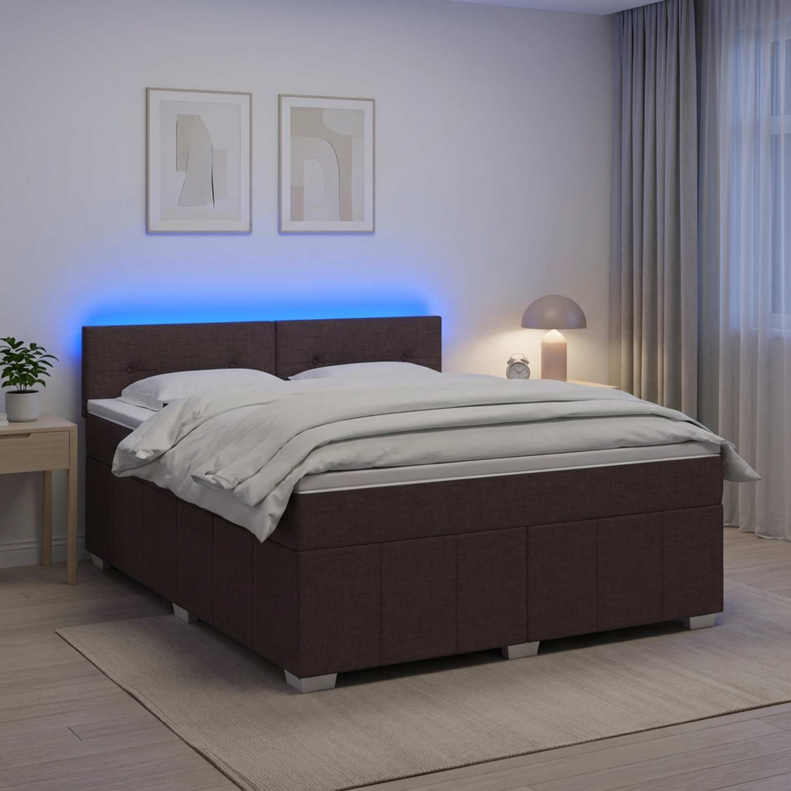 Boxmadras seng 140 x 200 cm med topmadras og LED - mørk brun