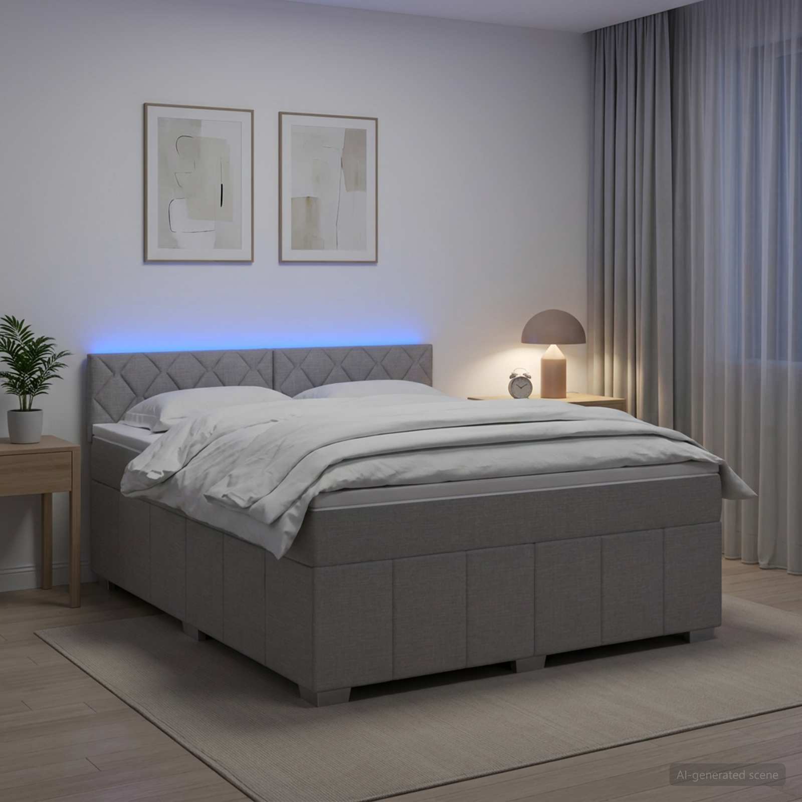Kontinentalseng med madras og topmadras 160 x 200 cm i lysegrå stof med LED