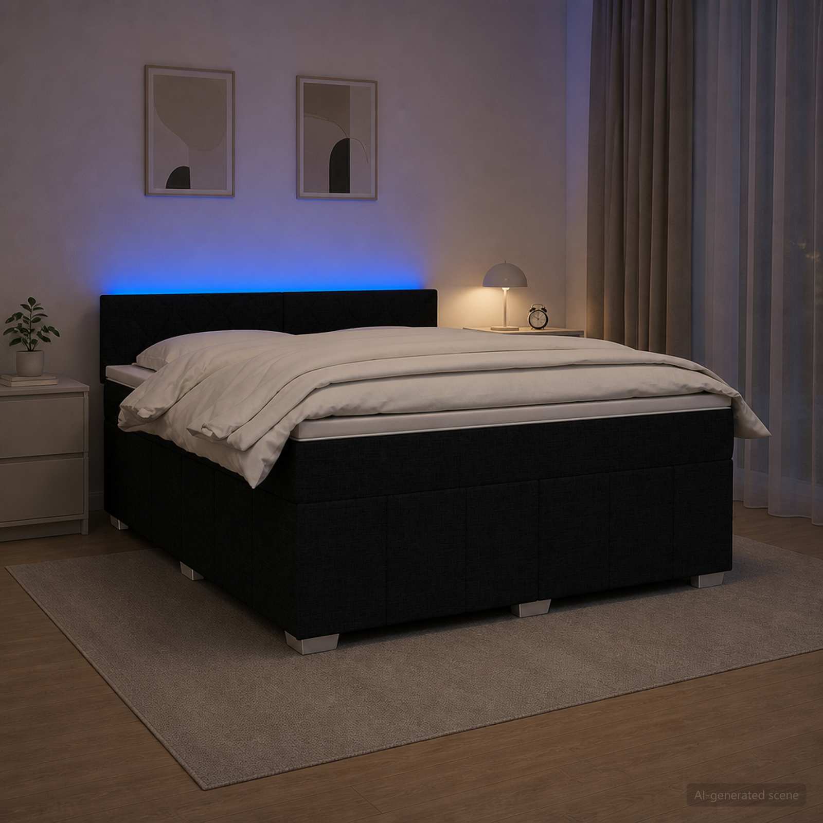 Kontinentalseng med topmadras og LED-hovedgærde 180 x 200 cm - sort stof