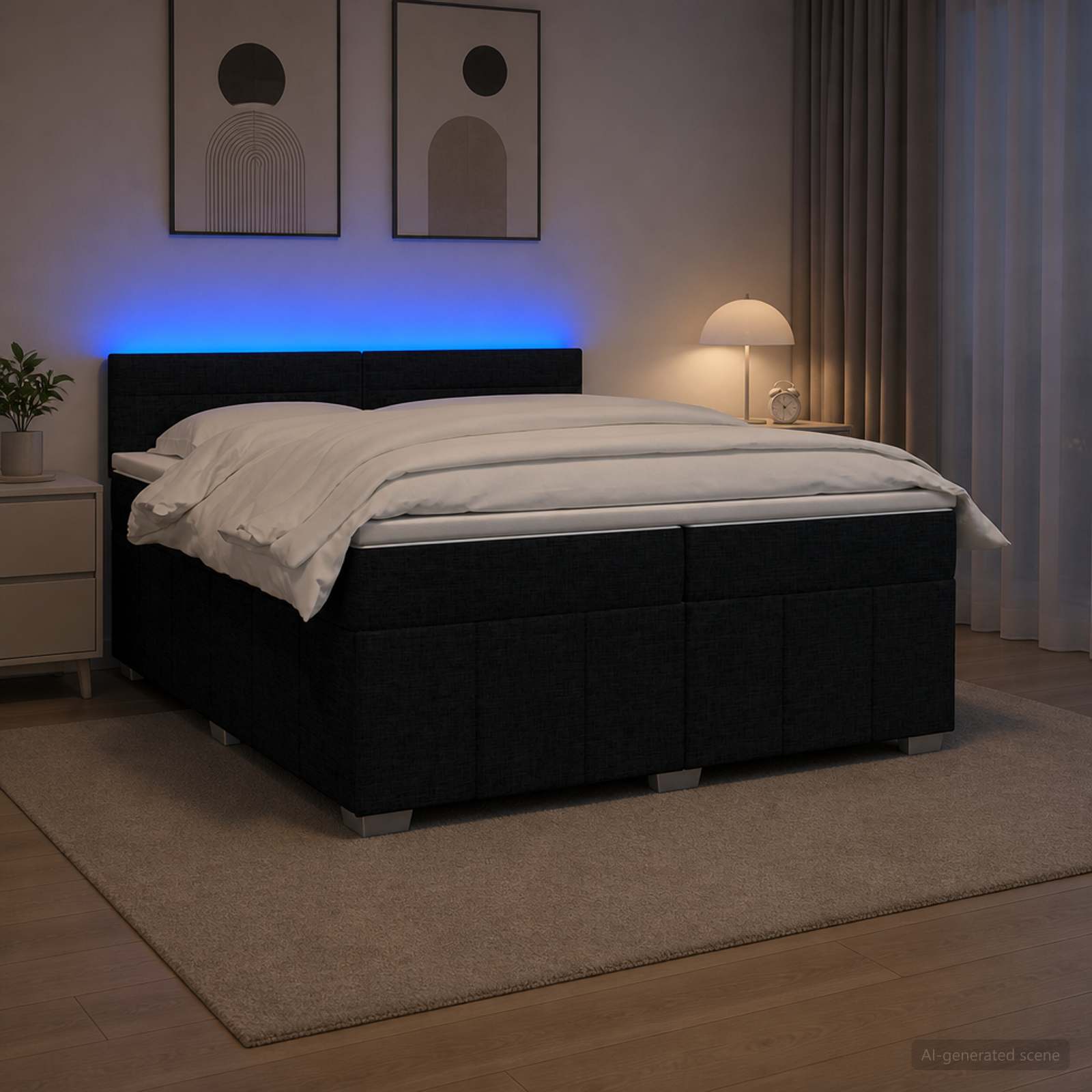 Boksmadras seng med topmadras, justerbart hovedgærde og LED - sort stof, 200 x 200 cm