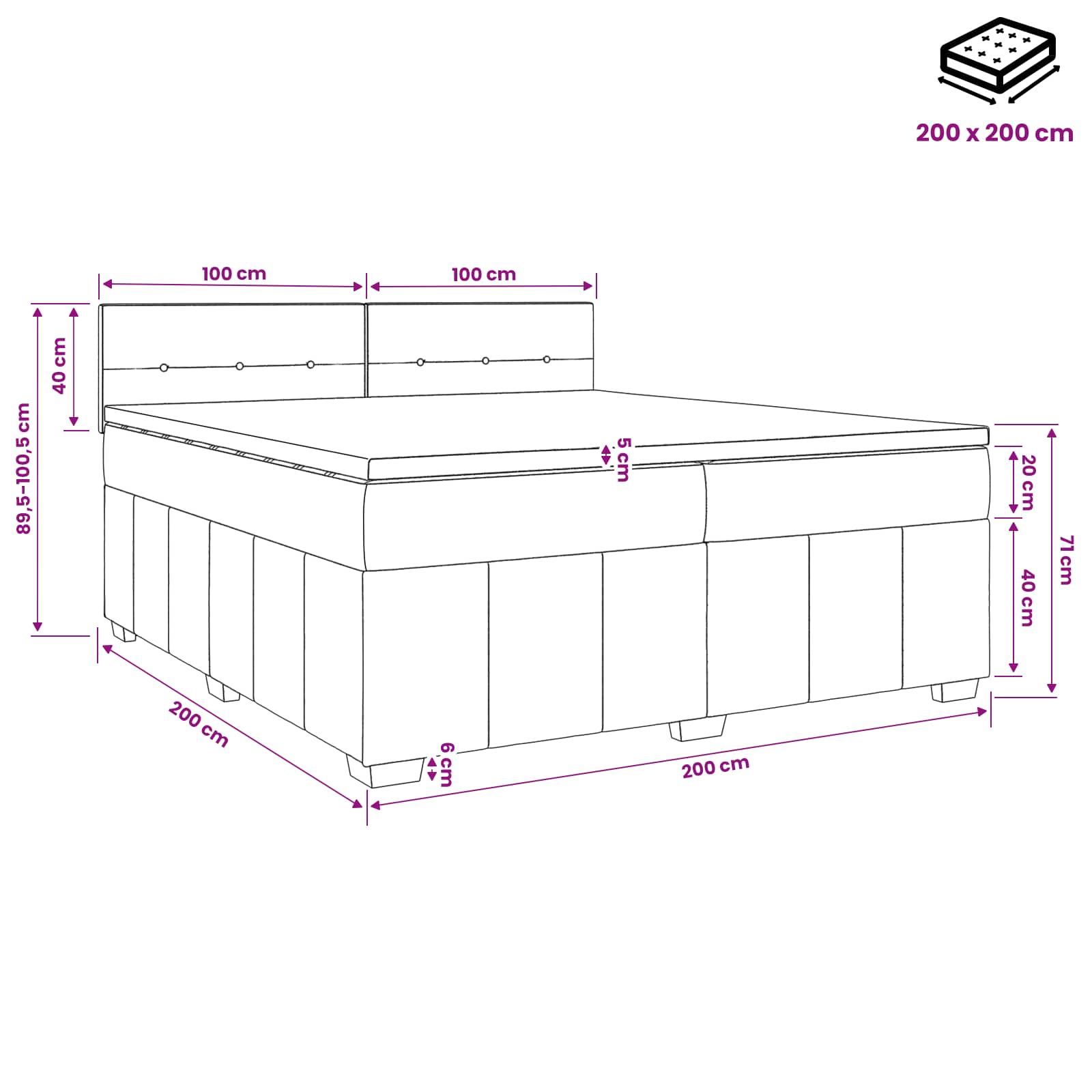 Postelja boxspring z vzmetnico Črna 200 x 200 cm Blago