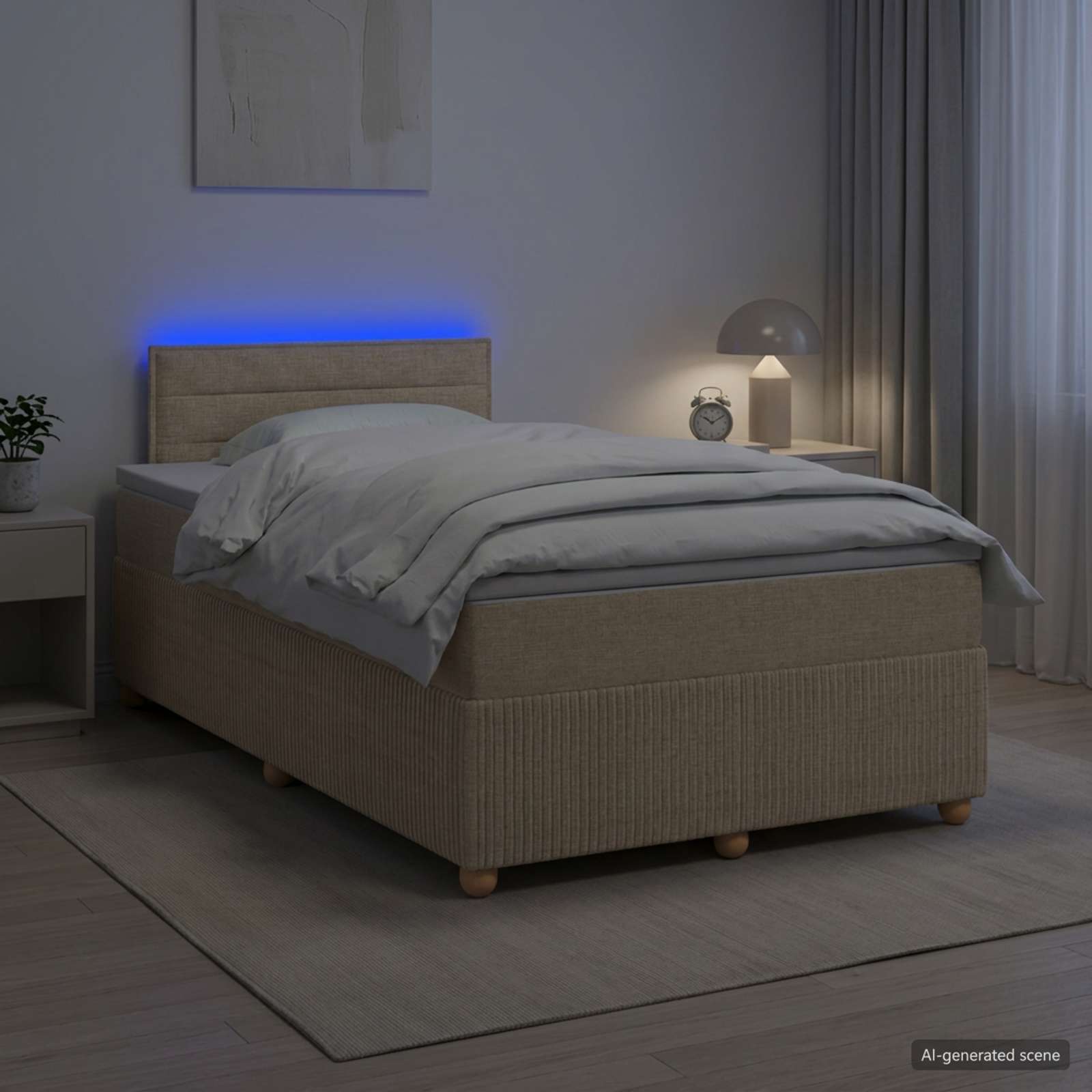Boxmadras seng med topmadras og LED 120 x 200 cm cremefarvet stof