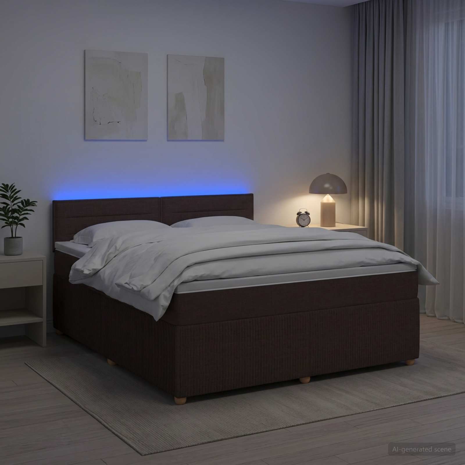 Kontinentalseng med madras og topmadras 180 x 200 cm - mørk brun stof med LED og justerbar gavl