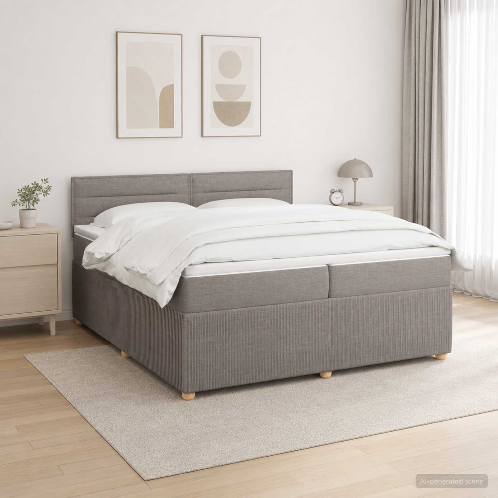 Boksmadras seng 200 x 200 cm med topmadras, LED og justerbar gavl - gråbrun stof