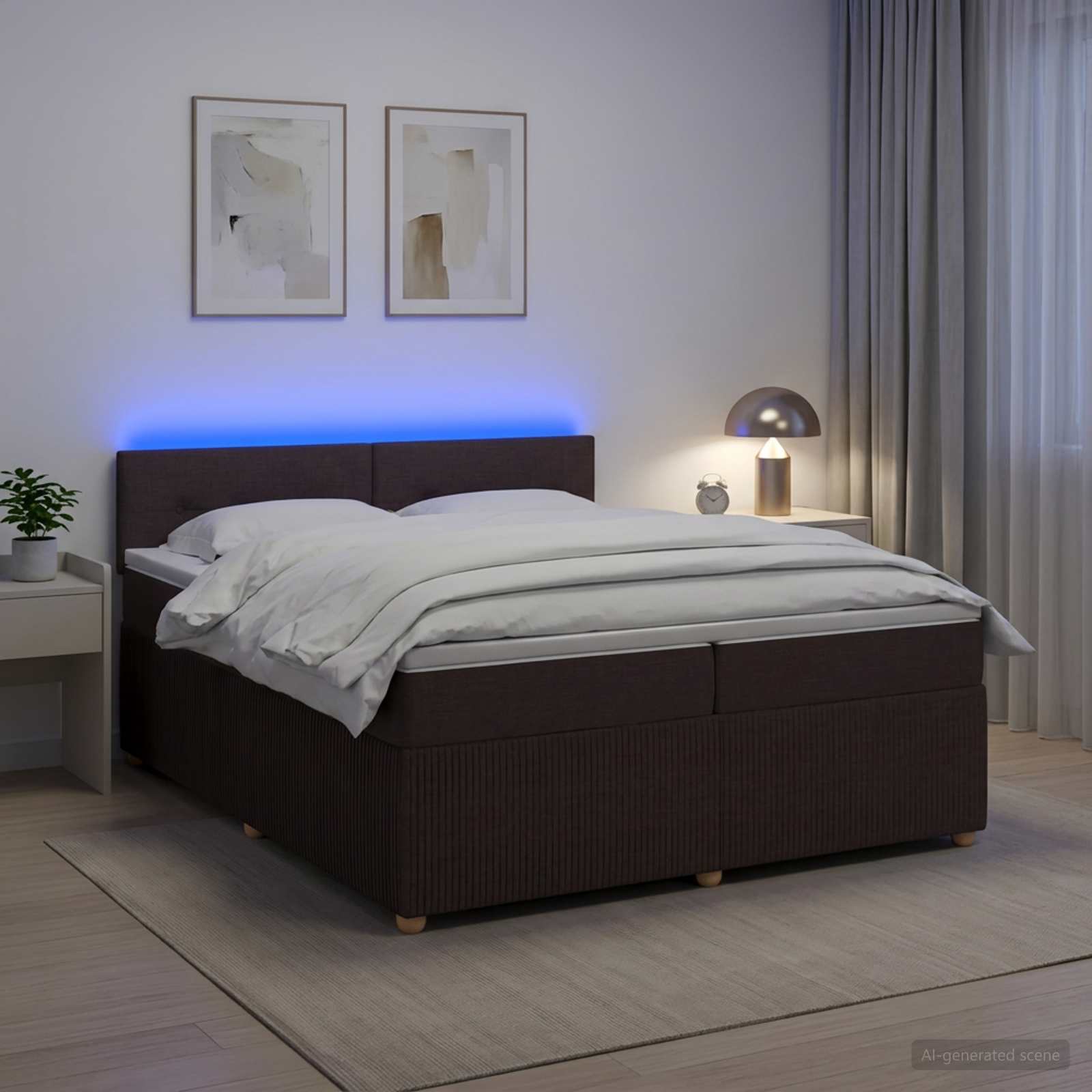 Boksmadras seng med topmadras 200 x 200 cm mørk brun med LED og justerbar gavl