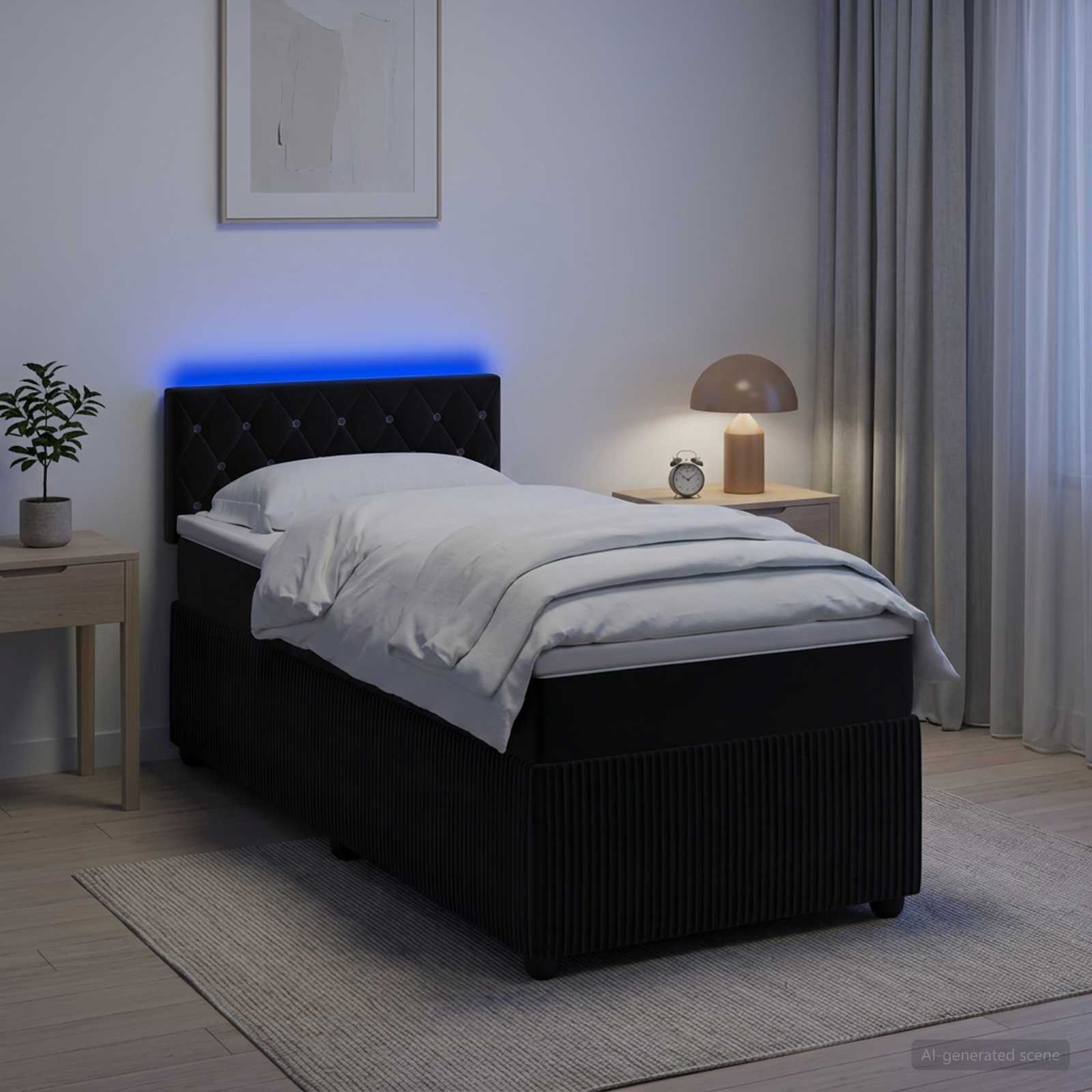 Boksmadras seng med topmadras og justerbar hovedgavl 100 x 200 cm - sort fløjl