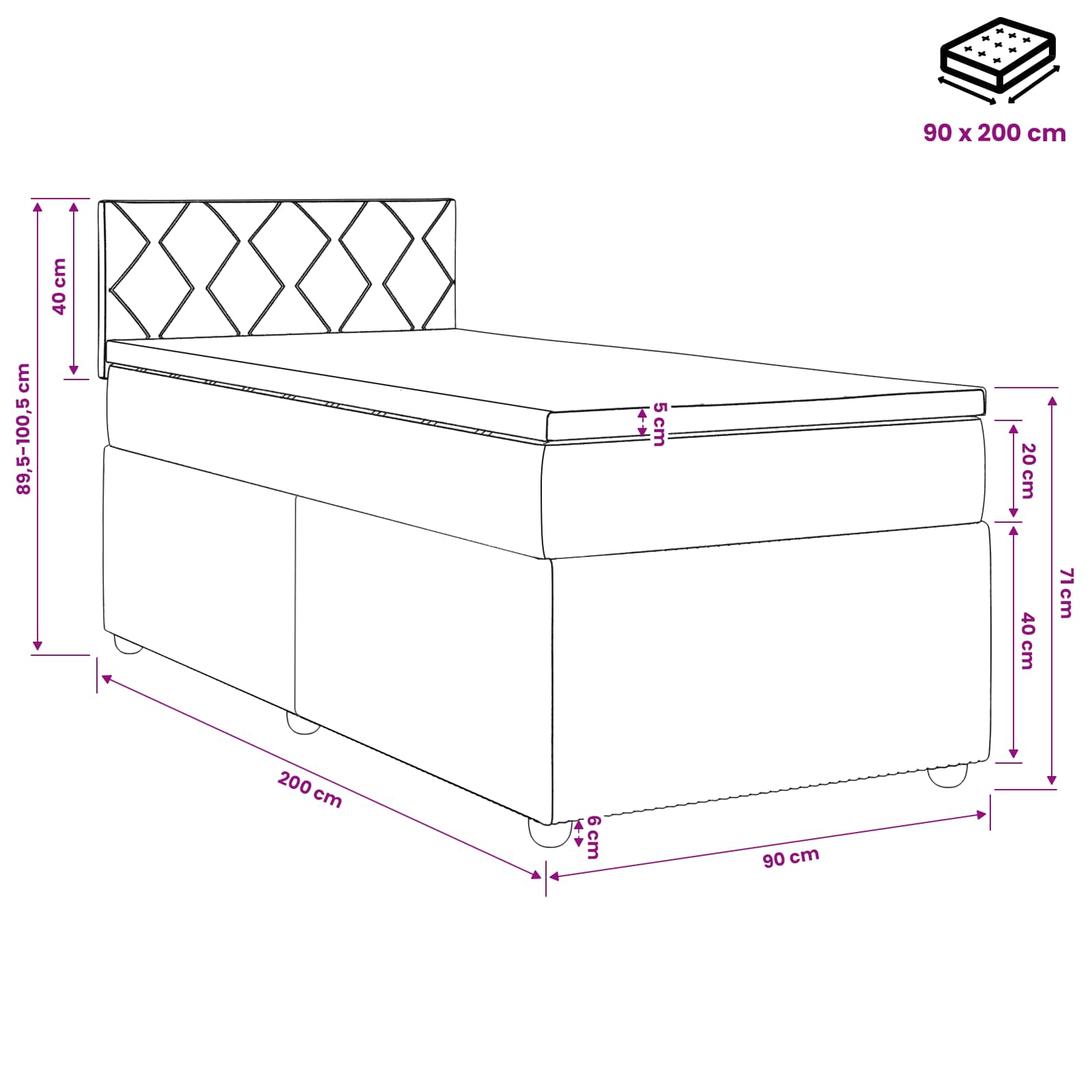 Postelja boxspring z vzmetnico Roza 90 x 200 cm Žamet