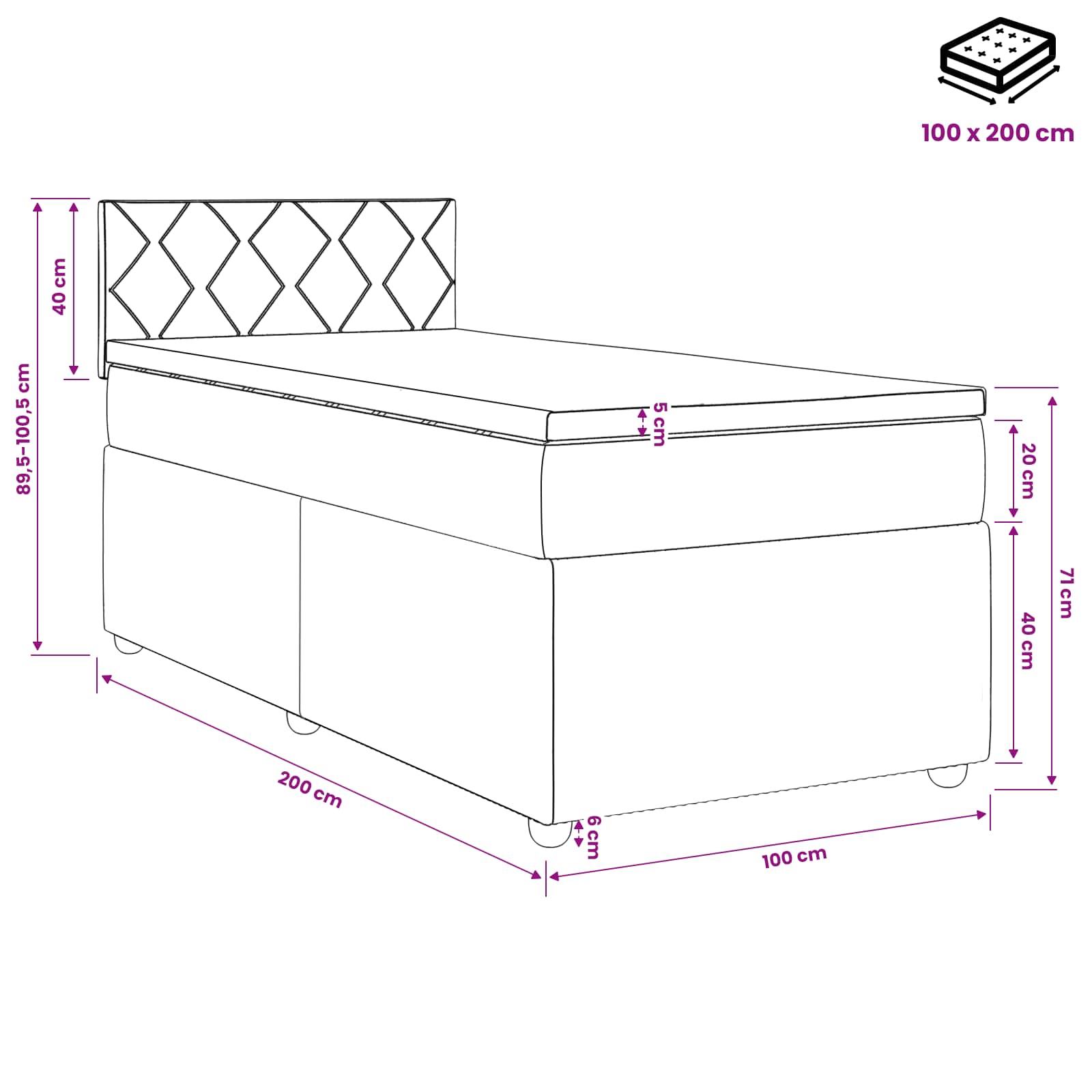 Postelja boxspring z vzmetnico Roza 100 x 200 cm Žamet