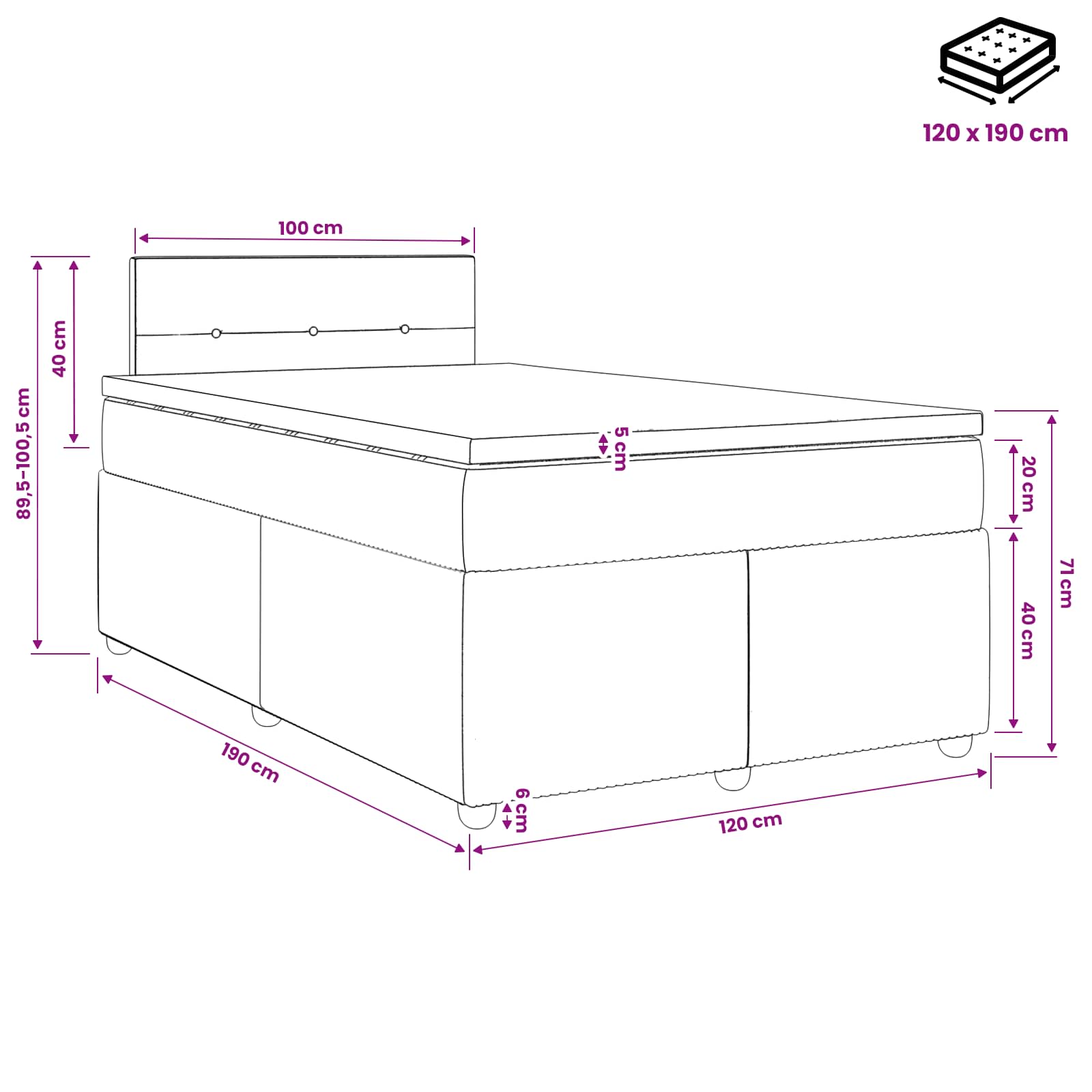 Postelja boxspring z vzmetnico Roza 120 x 190 cm Žamet