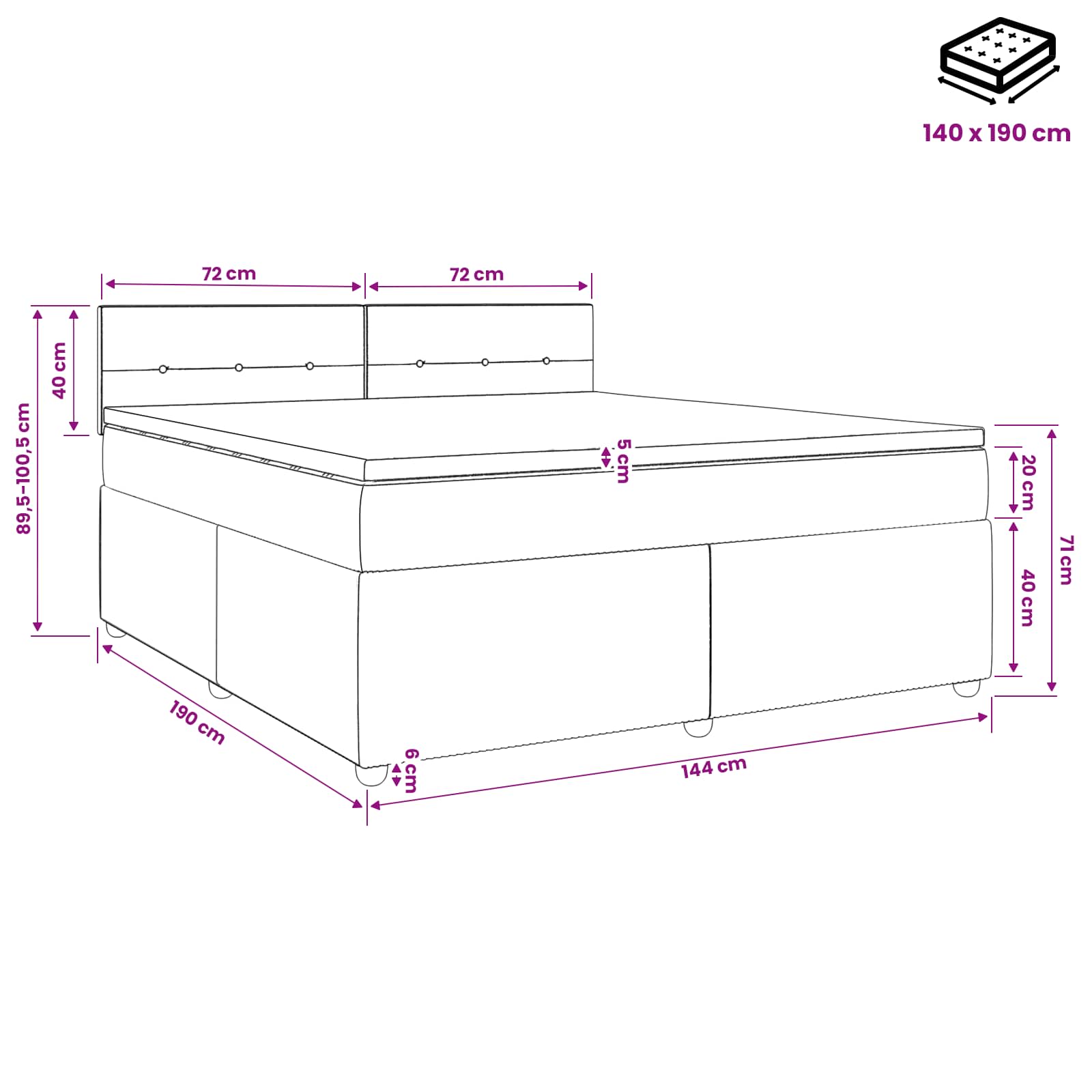 Postelja boxspring z vzmetnico Roza 140 x 190 cm Žamet
