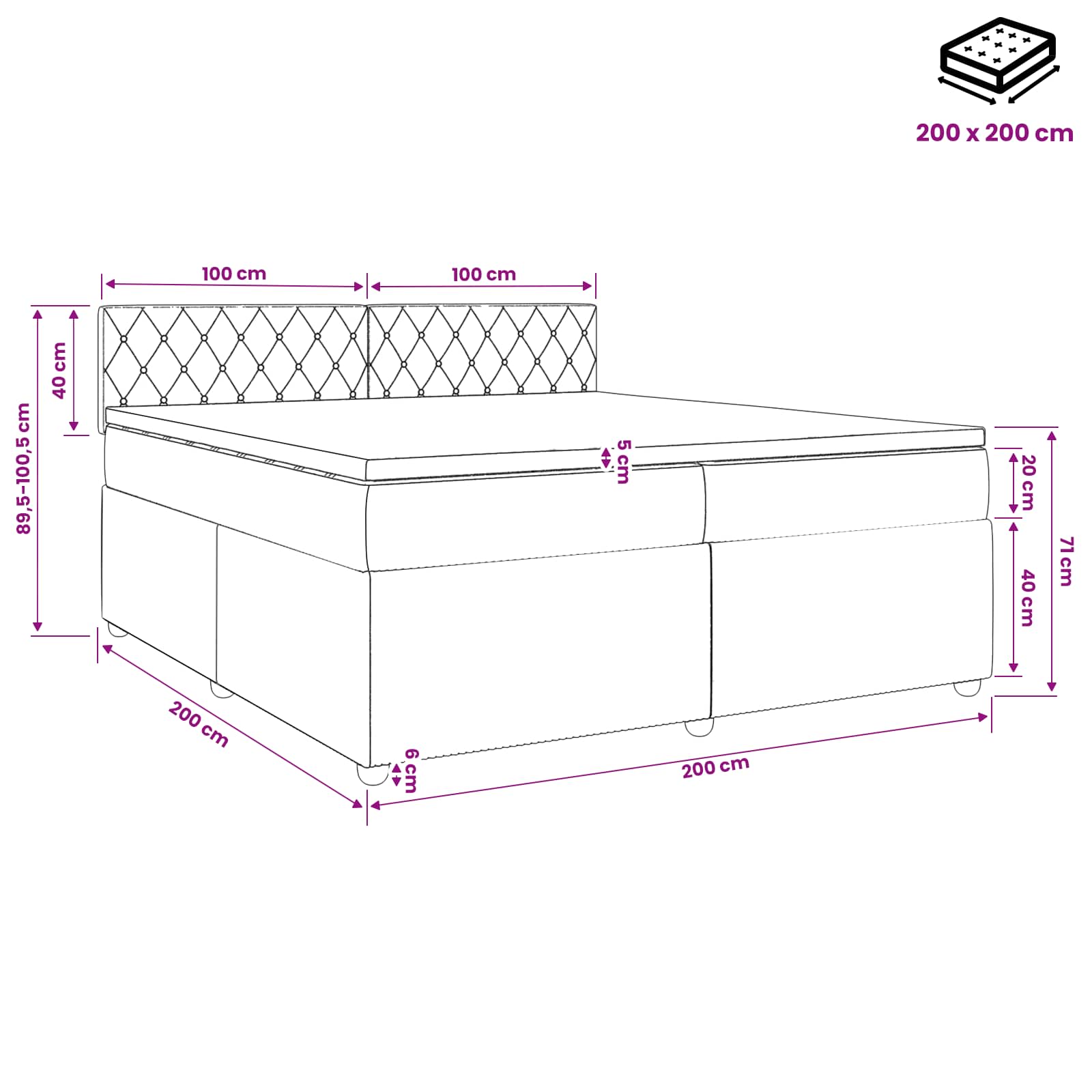 Postelja boxspring z vzmetnico Temno siva 200 x 200 cm Žamet