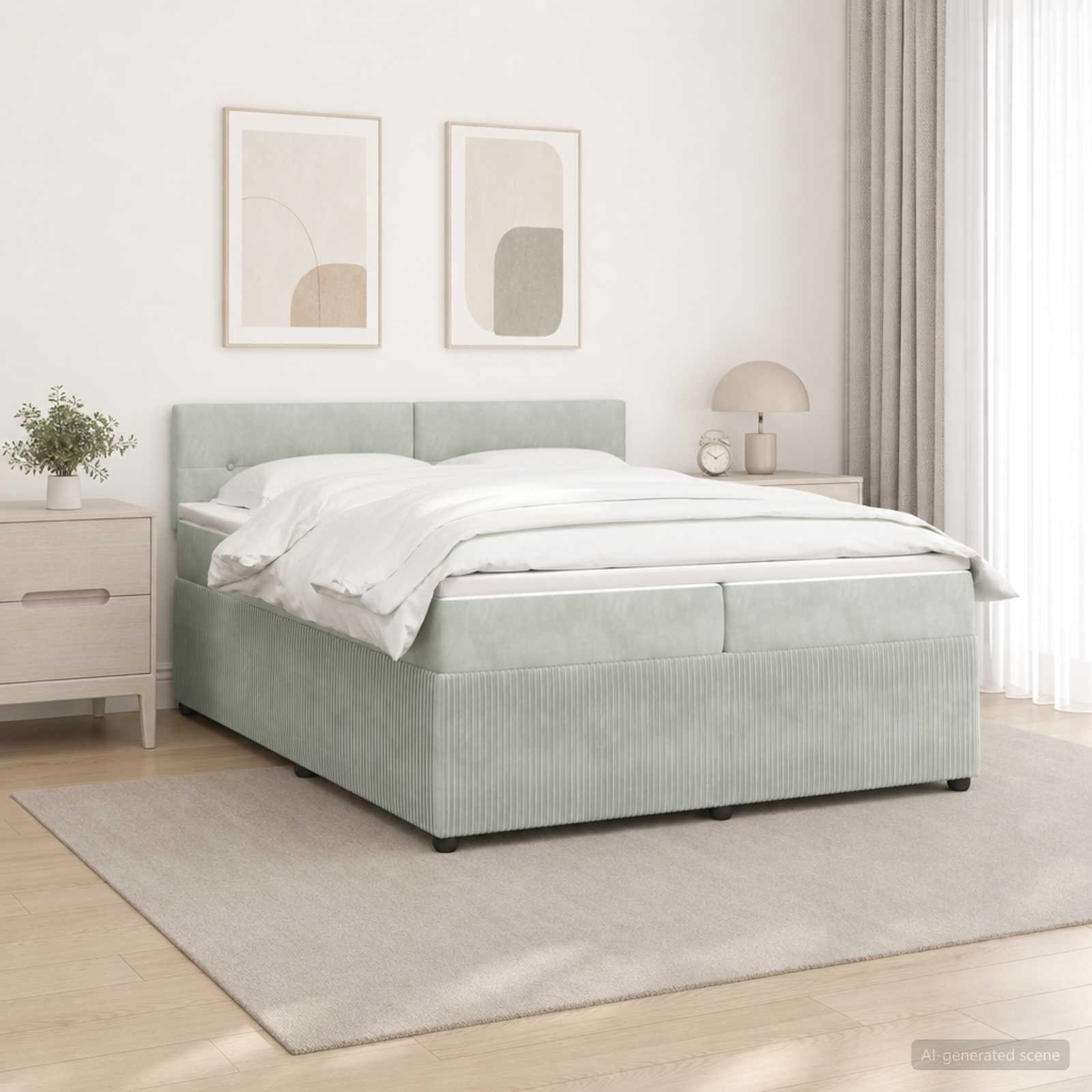 Seng med madrasser og topmadras 200 x 200 cm - lysegrå fløjl