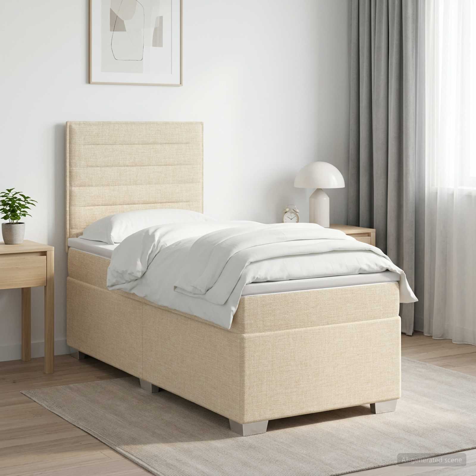 Enkeltseng med madras og topmadras 80 x 200 cm - cremefarvet stofseng med justerbar gavl