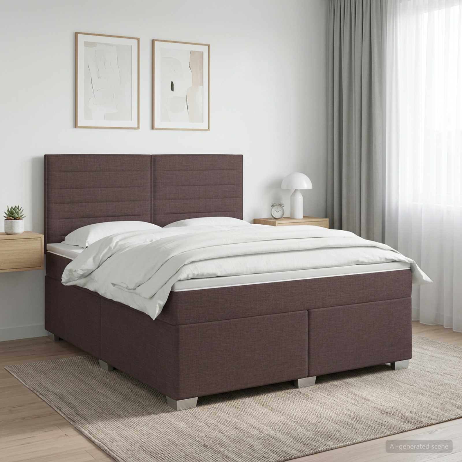 Seng med madras og topmadras 160 x 200 cm i mørk brun stof med justerbar sengegavl
