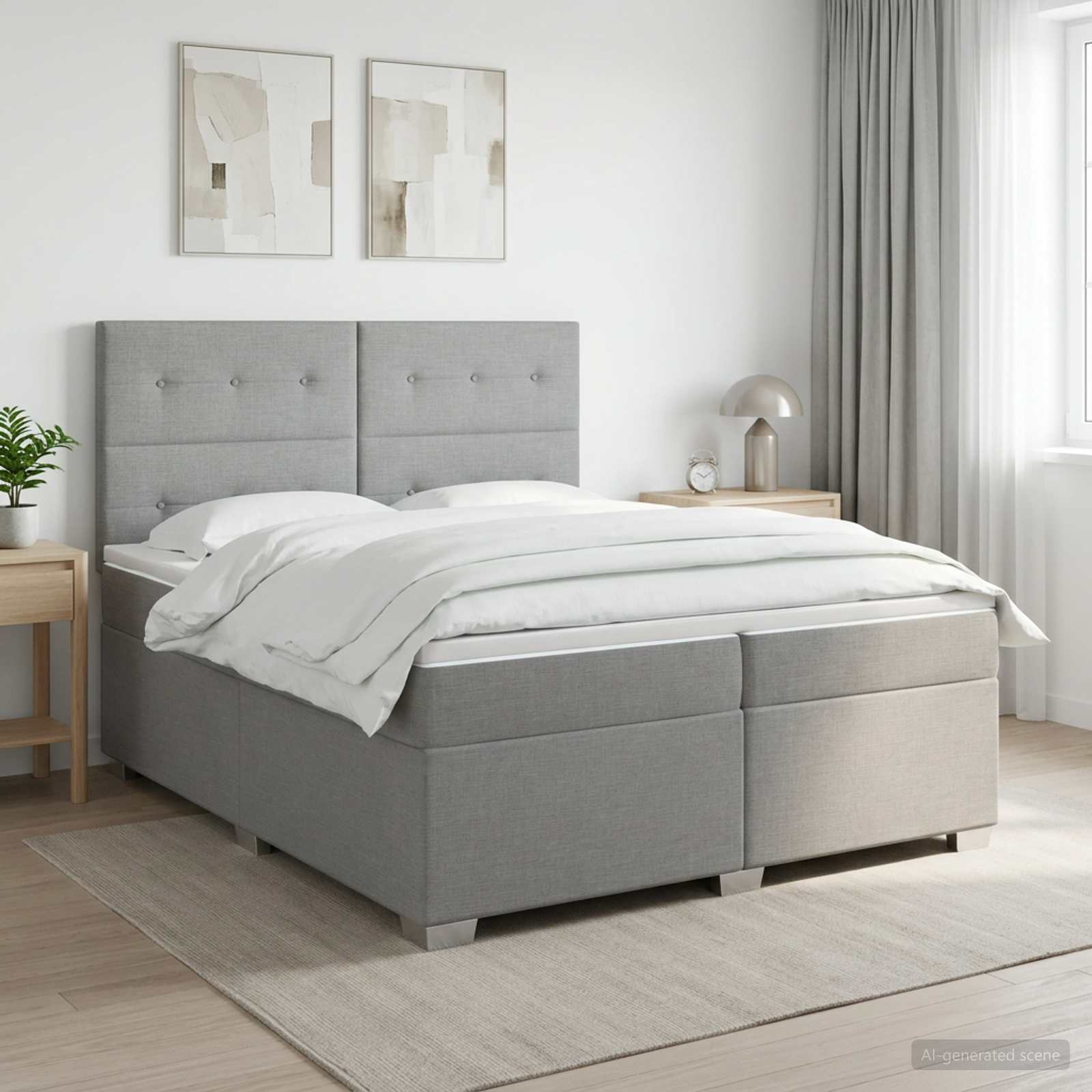 Kontinentalseng med madras og topmadras 200 x 200 cm lysegrå stof