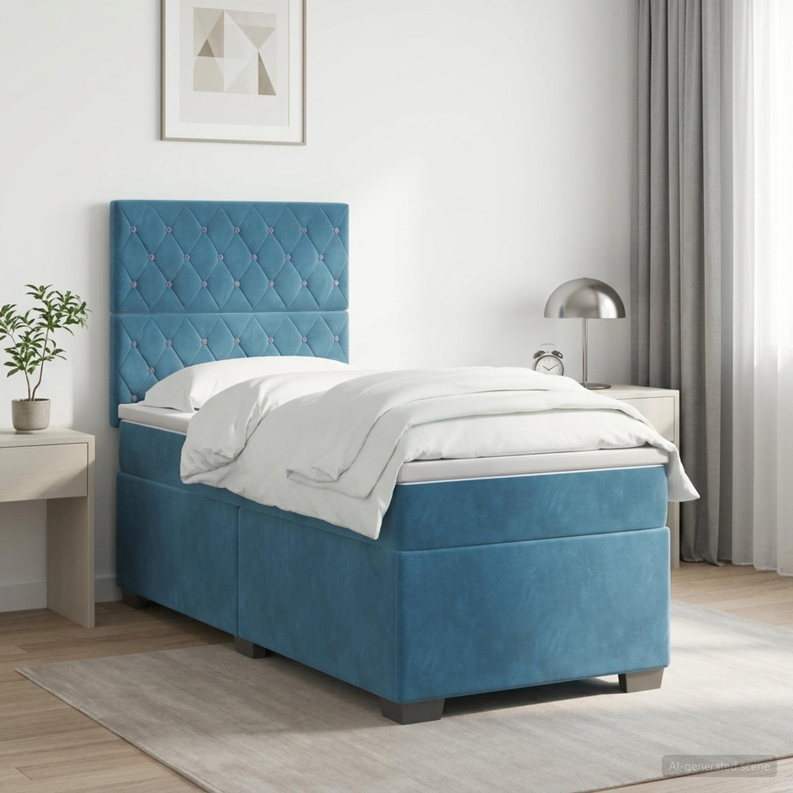 Enkeltseng med madras, topmadras og hovedgærde 90 x 190 cm - blå fløjl