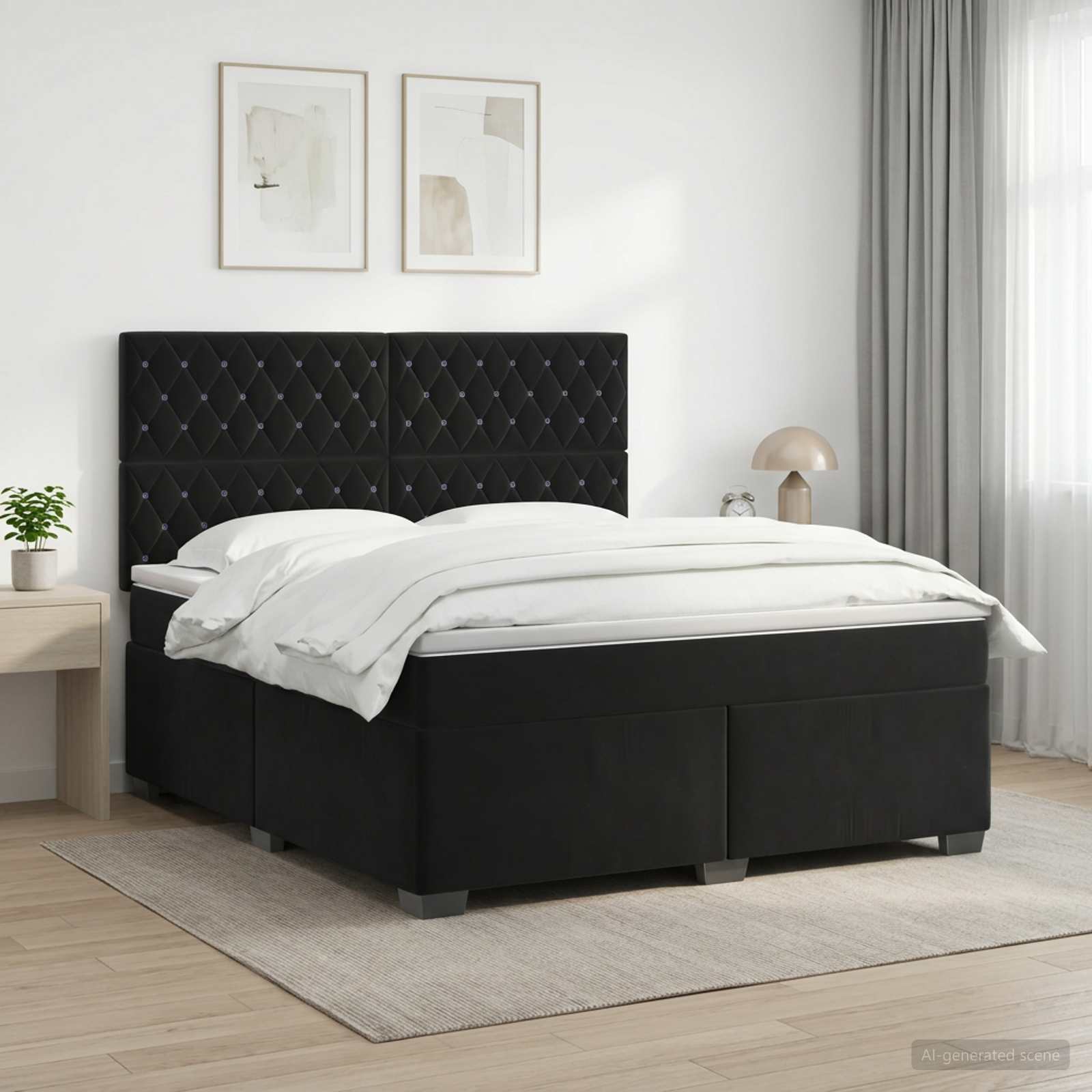 vidaXL Boxmadras med topmadras med hovedgærde Sort 140 x 200 cm Fløjl