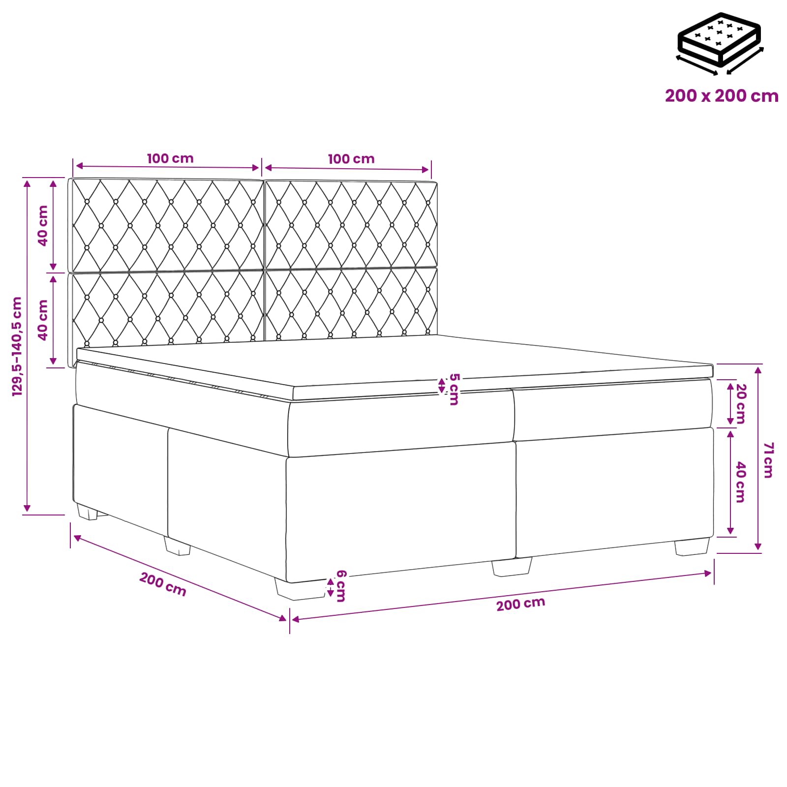 Postelja boxspring z vzmetnico Temno siva 200 x 200 cm Žamet