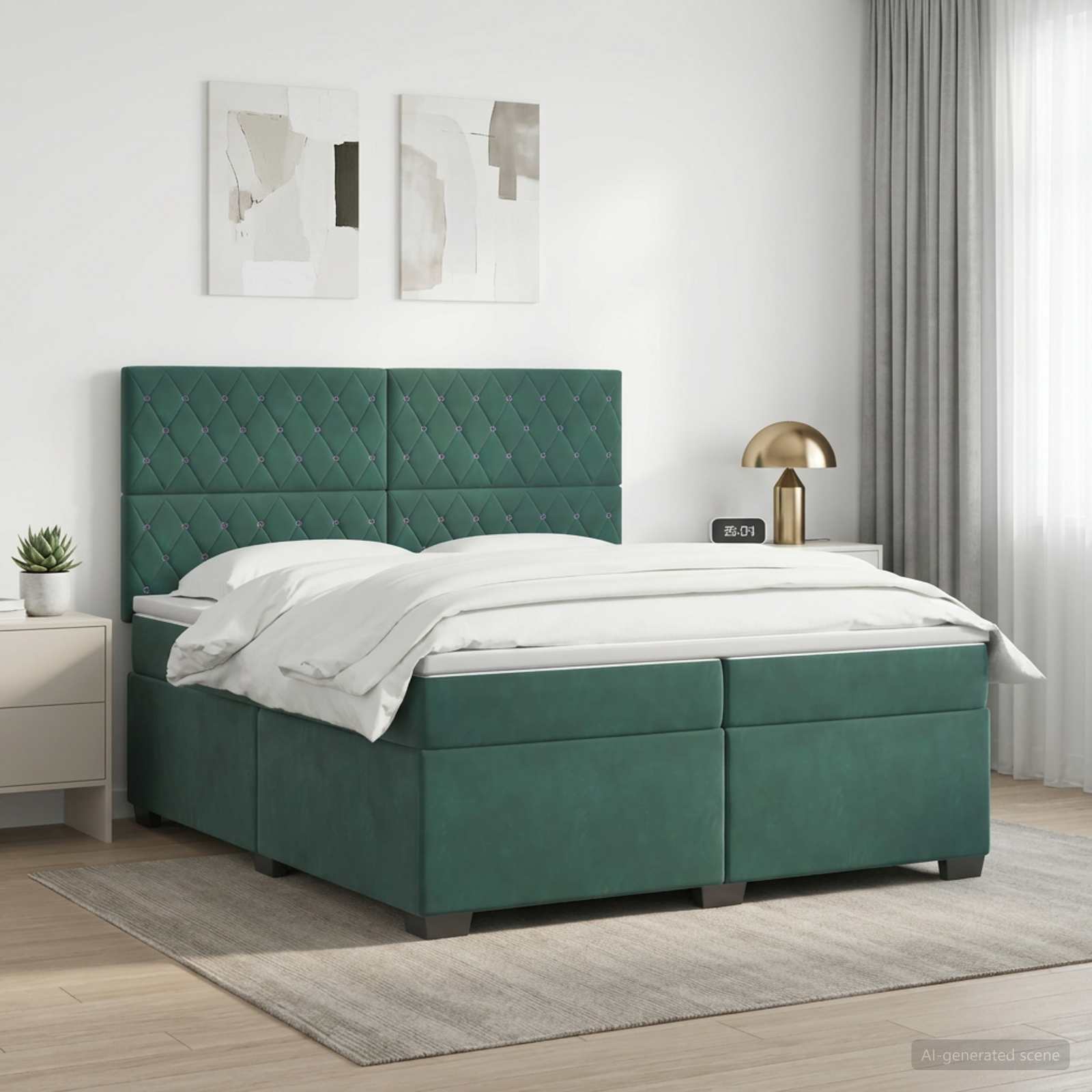 Seng med madras og topmadras 200 x 200 cm - mørkegrøn fløjl