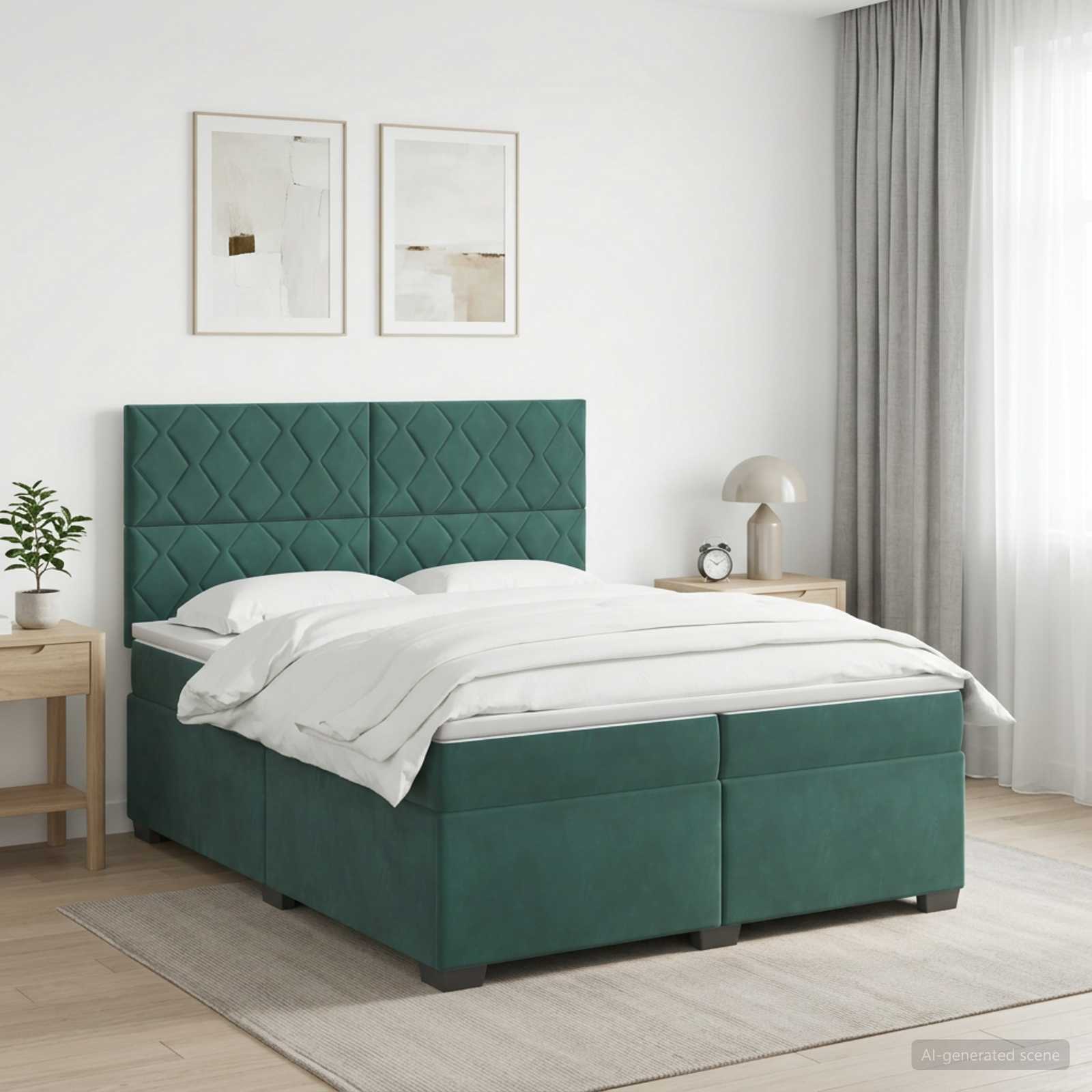 Boksmadras med topmadras 200 x 200 cm i mørkegrøn fløjl med justerbar sengegavl