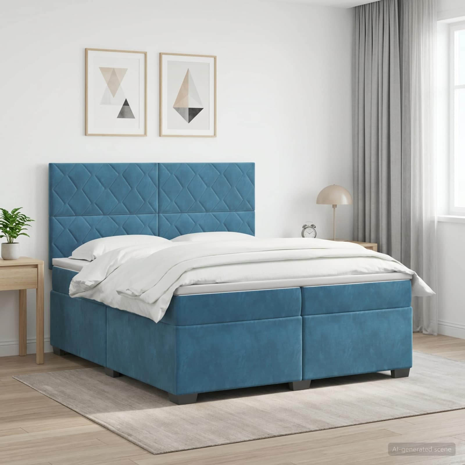 Континентално легло с матрак Синьо 200 x 200 cm Кадифе