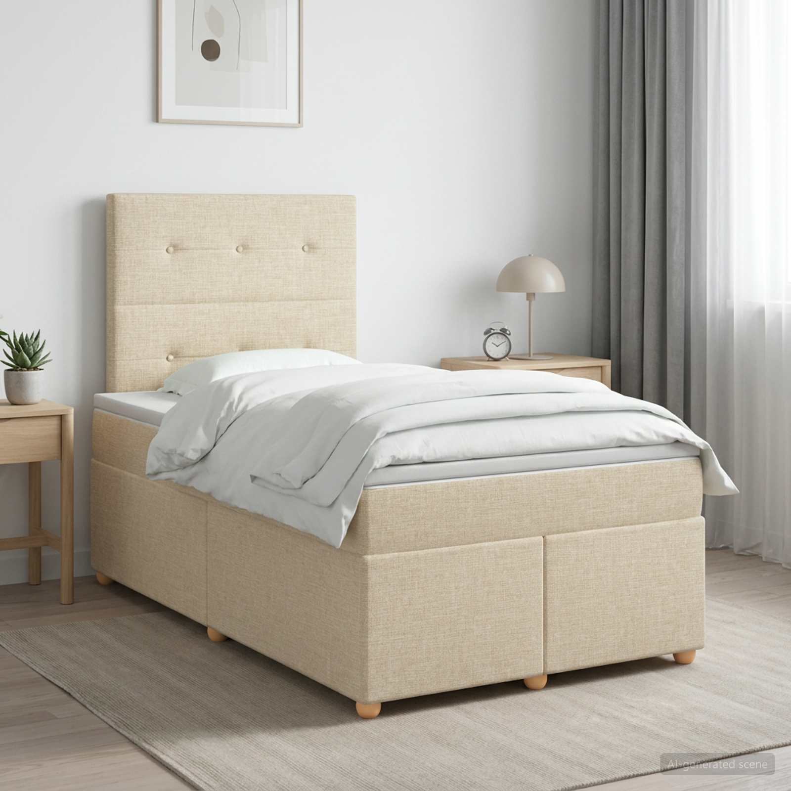 Seng med madras og topmadras - cremefarvet stof 120 x 190 cm
