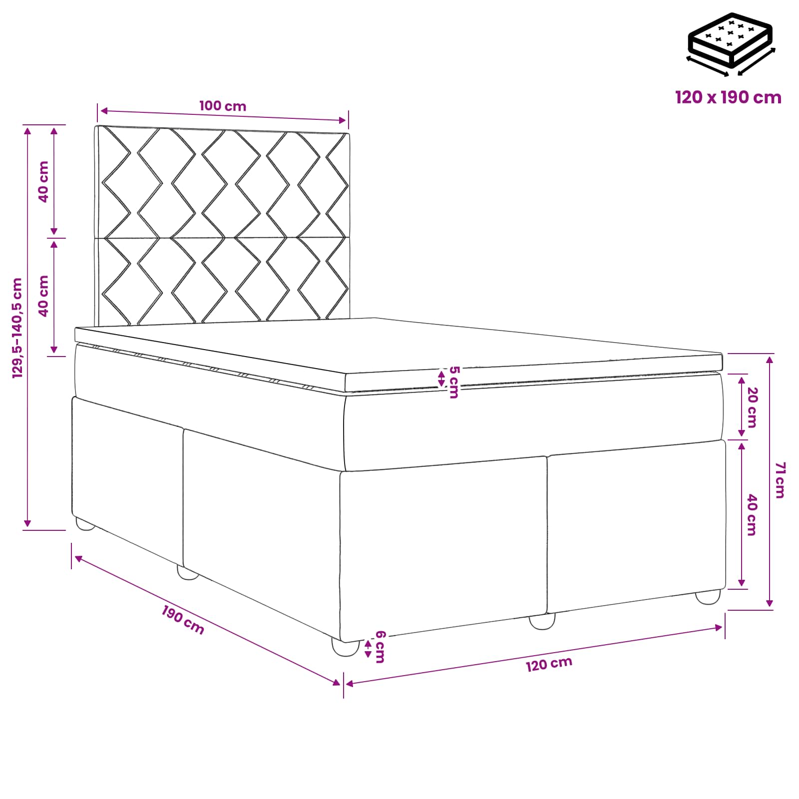 Postelja boxspring z vzmetnico Krem 120 x 190 cm Blago