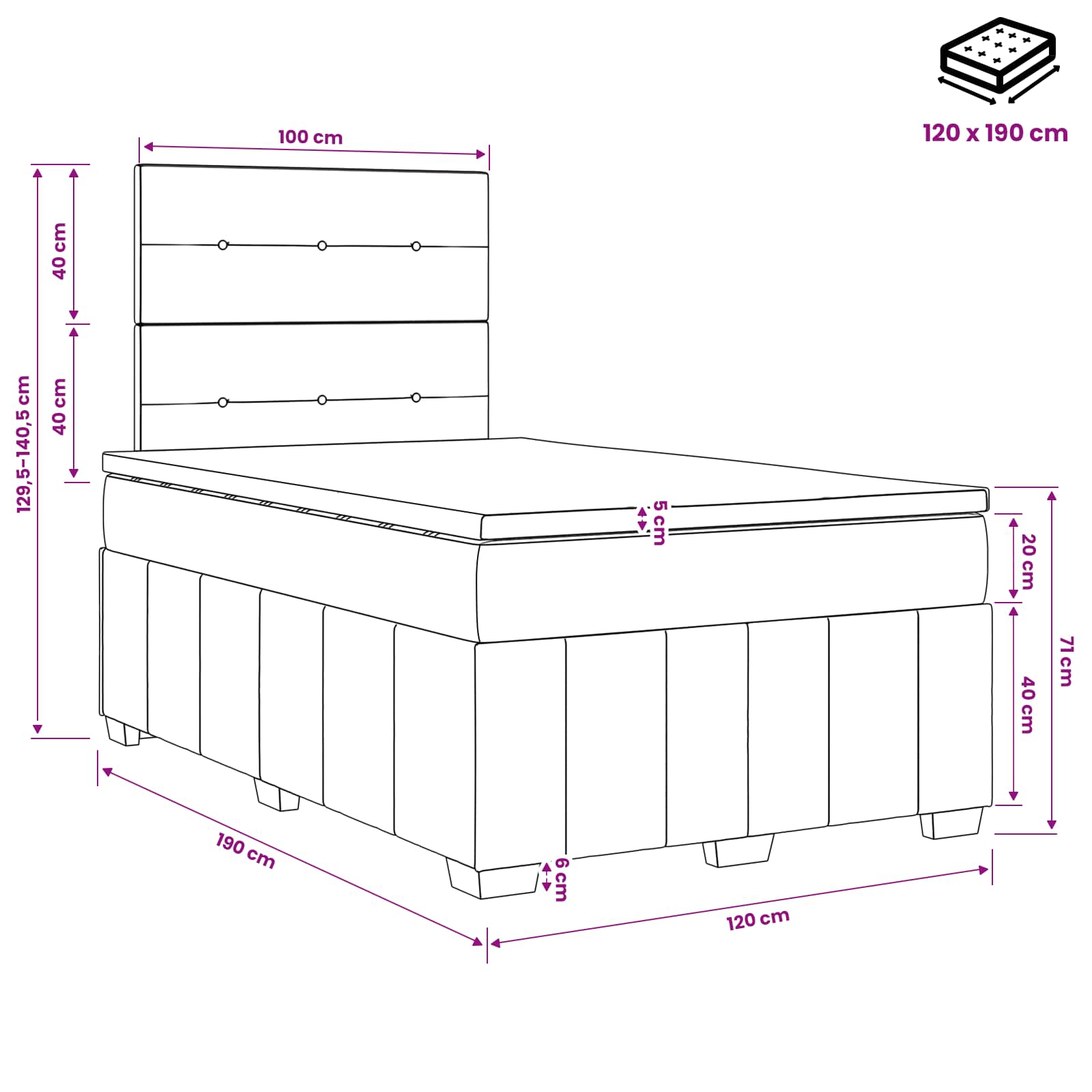 Postelja boxspring z vzmetnico Krem 120 x 190 cm Blago