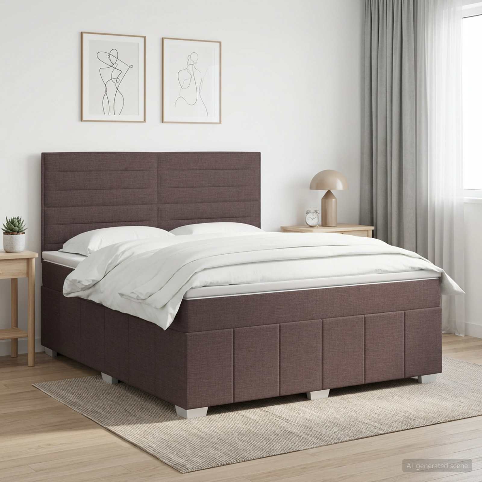 Boksmadras seng med topmadras 140 x 200 cm - mørk brun stof og justerbar sengegavl
