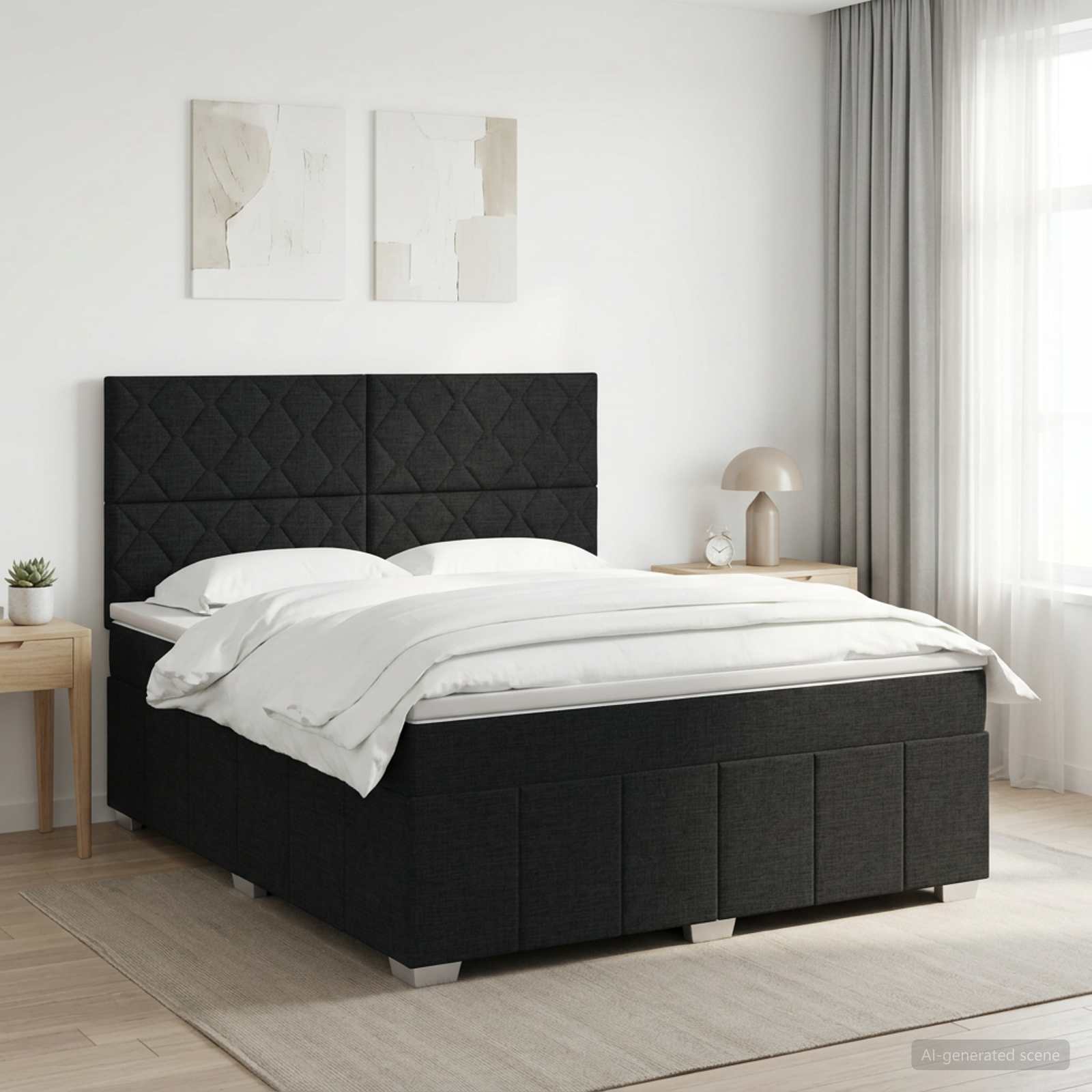 Kontinentalseng med topmadras og justerbart hovedgærde 160 x 200 cm sort stof