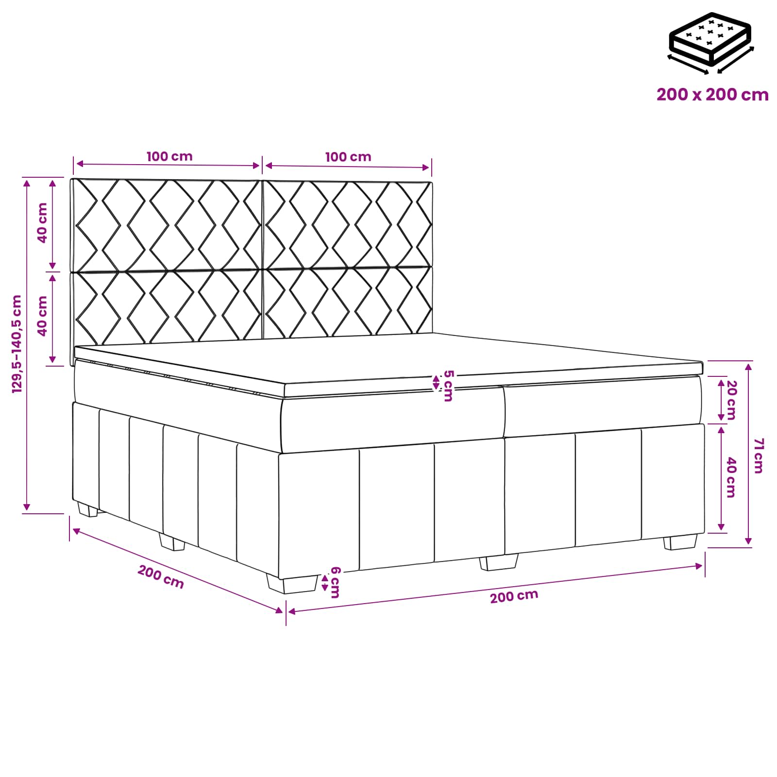 Postelja boxspring z vzmetnico Svetlo siva 200 x 200 cm Blago