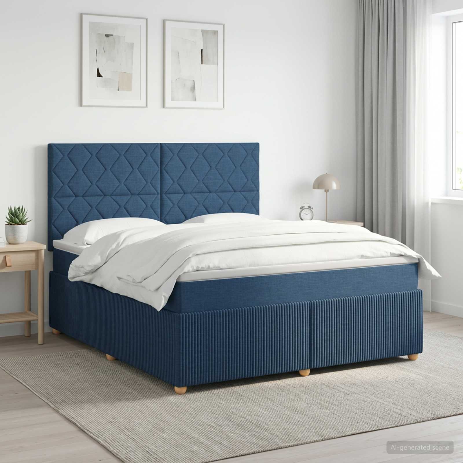 Kontinentalseng med madras, topmadras og justerbart hovedgærde 140 x 200 cm - blå stof