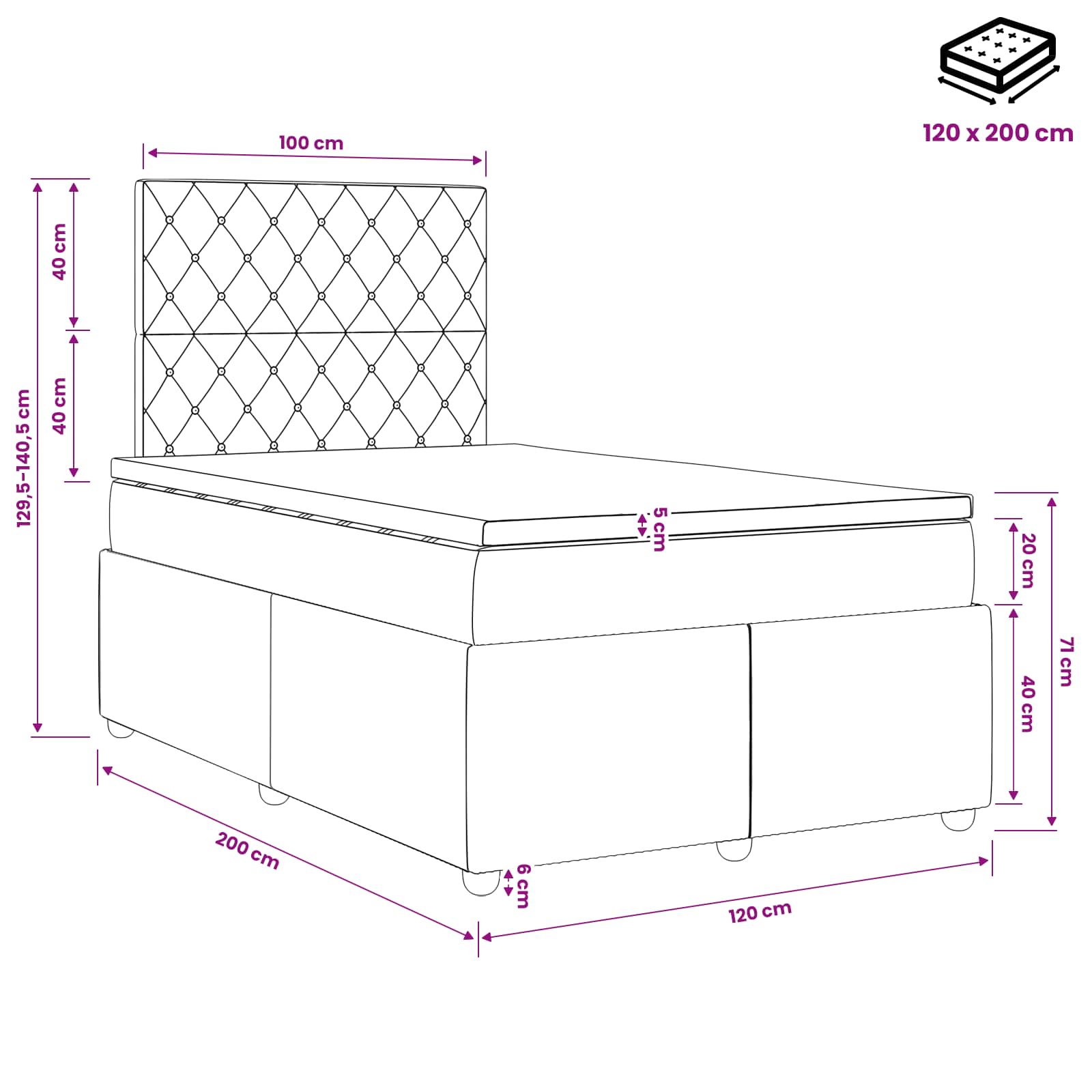 Postelja boxspring z vzmetnico Modra 120 x 200 cm Žamet