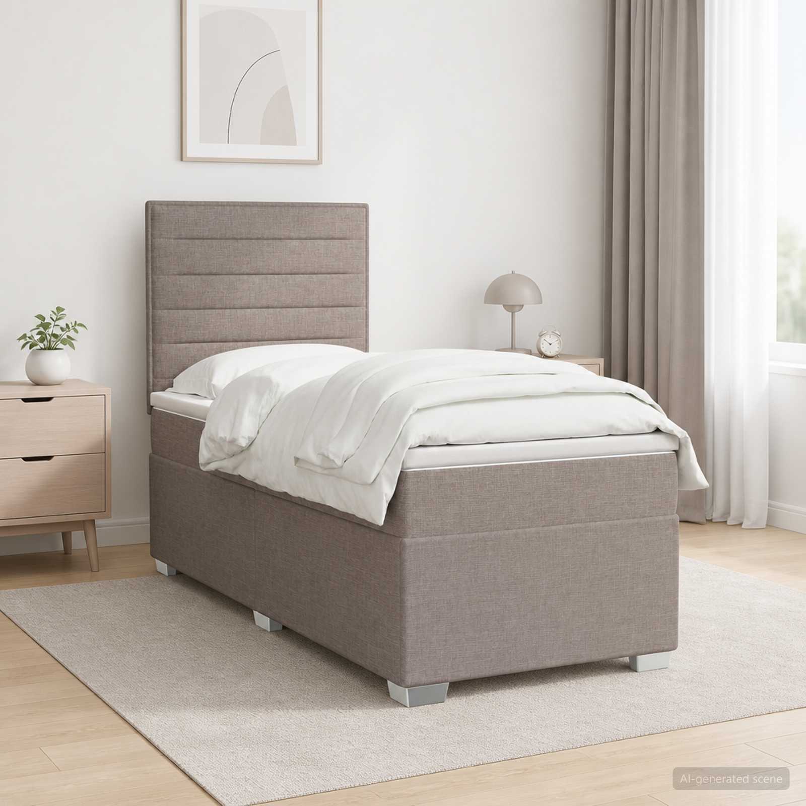 Seng med madras og topmadras 100 x 200 cm - gråbrun stofseng med justerbar gavl og LED-lys