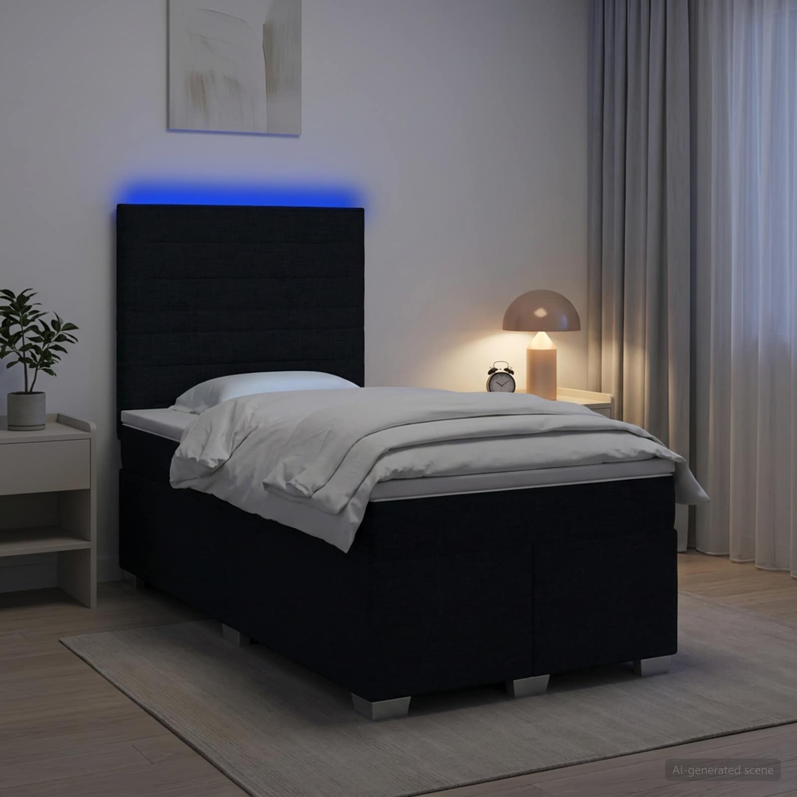 Boksmadras seng 120 x 200 cm med topmadras, LED og justerbar hovedgavl - sort stof