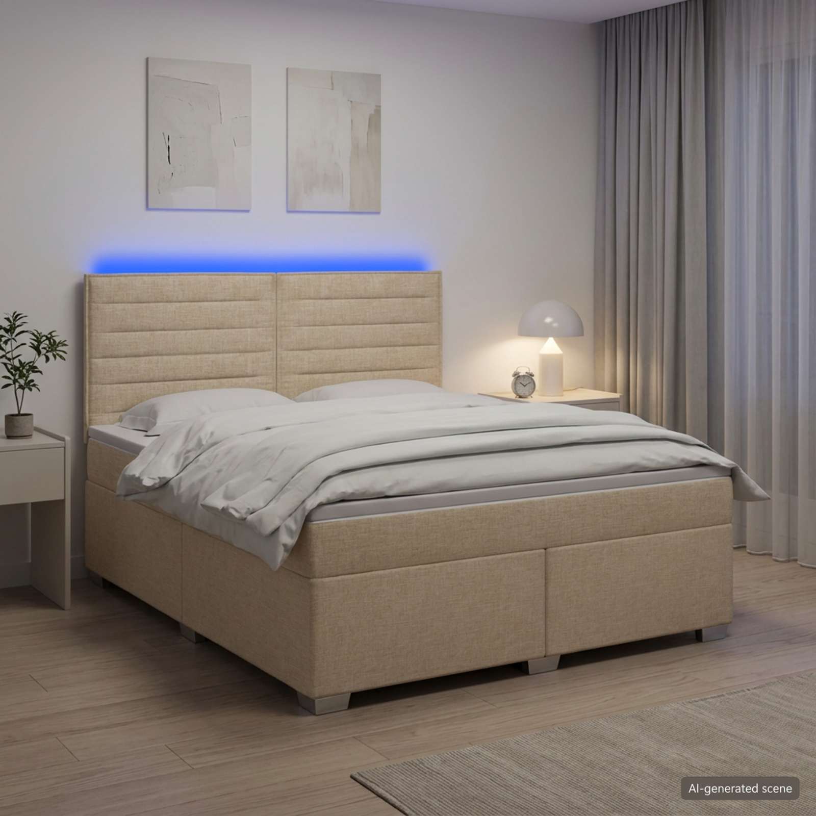 Boksmadras seng med topmadras og LED - cremefarvet 160 x 200 cm