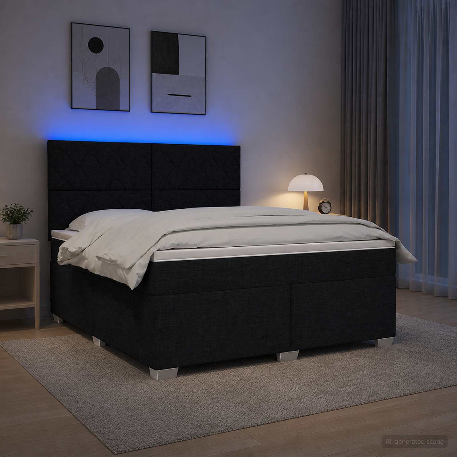 Kontinentalseng med topmadras og justerbart hovedgærde 180 x 200 cm sort stof