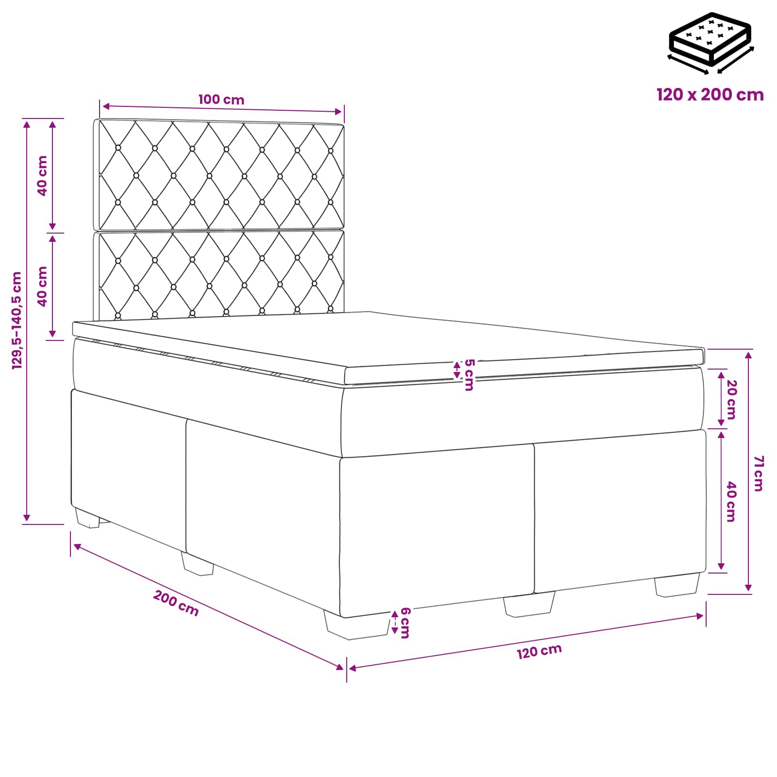 Postelja boxspring z vzmetnico Črna 120 x 200 cm Žamet