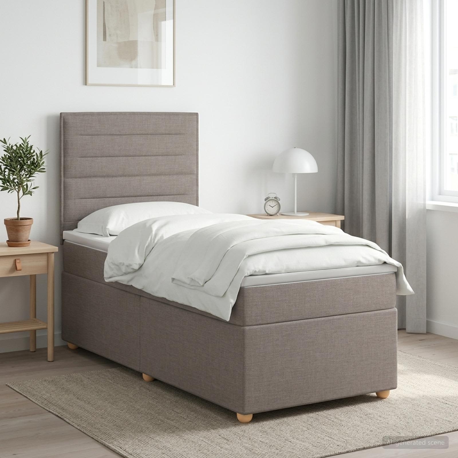 Seng med madras og topmadras 100 x 200 cm - gråbrun stofseng med justerbar hovedgavl