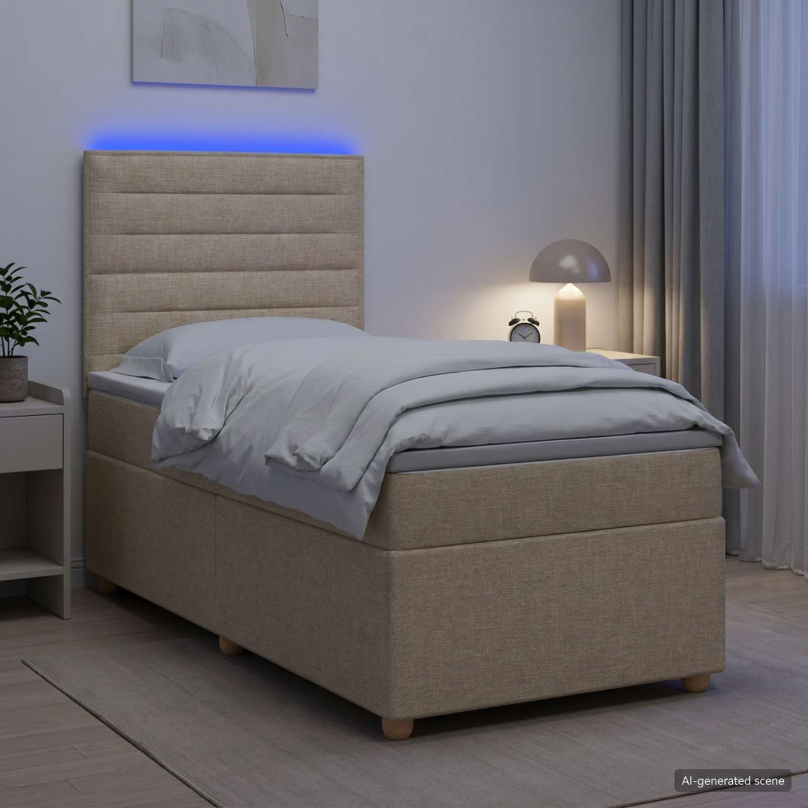 Enkeltseng med madras og topmadras 80 x 200 cm - cremefarvet stof med LED og justerbar hovedgavl
