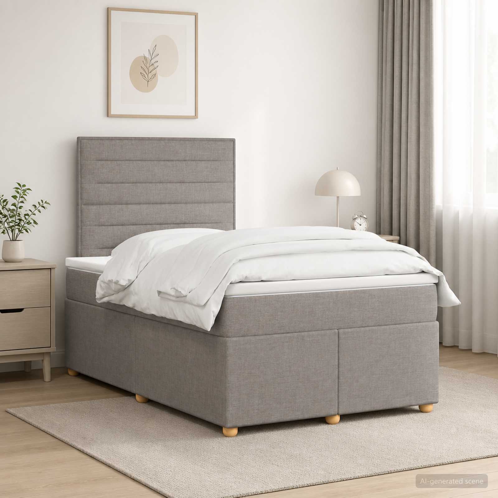 Seng med madras og topmadras 120 x 190 cm - gråbrun stof, justerbar hovedgavl og LED