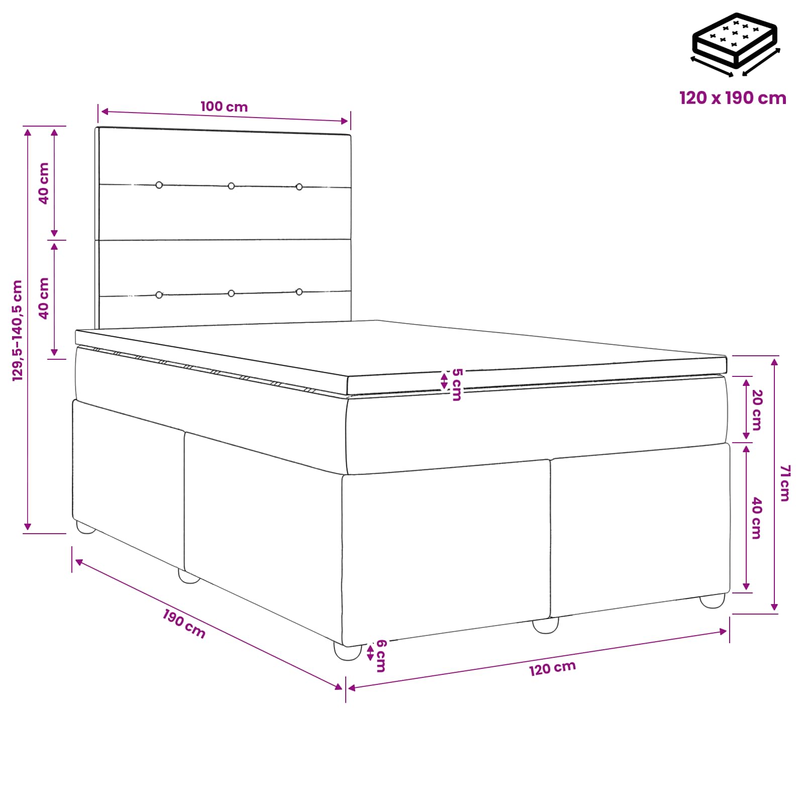 Postelja boxspring z vzmetnico Črna 120 x 190 cm Blago