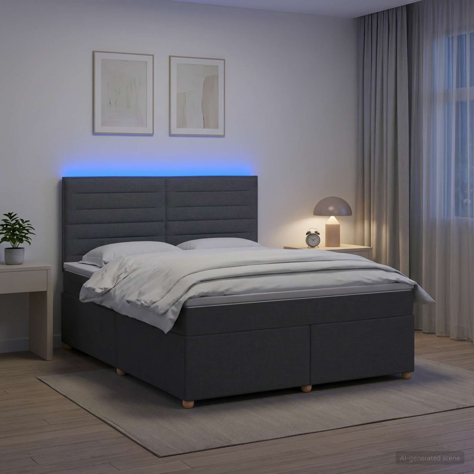 Kontinentalseng med topmadras 180 x 200 cm - mørkegrå stof med LED og justerbar hovedgavl