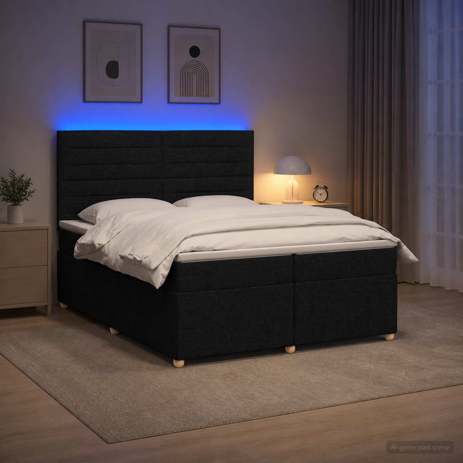 Kontinentalseng 200 x 200 cm med topmadras, justerbart hovedgærde og LED - sort stof