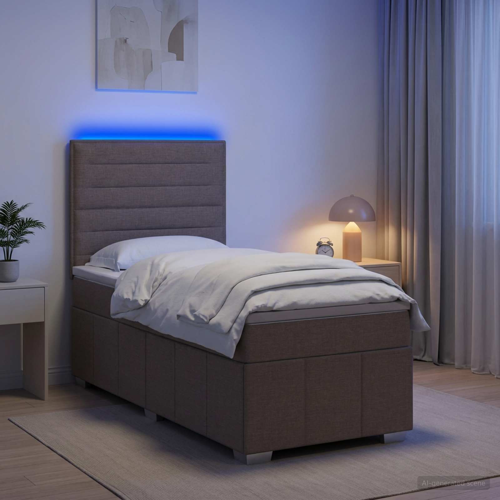 Boksmadrasseng med LED, madras og topmadras - gråbrun 100 x 200 cm