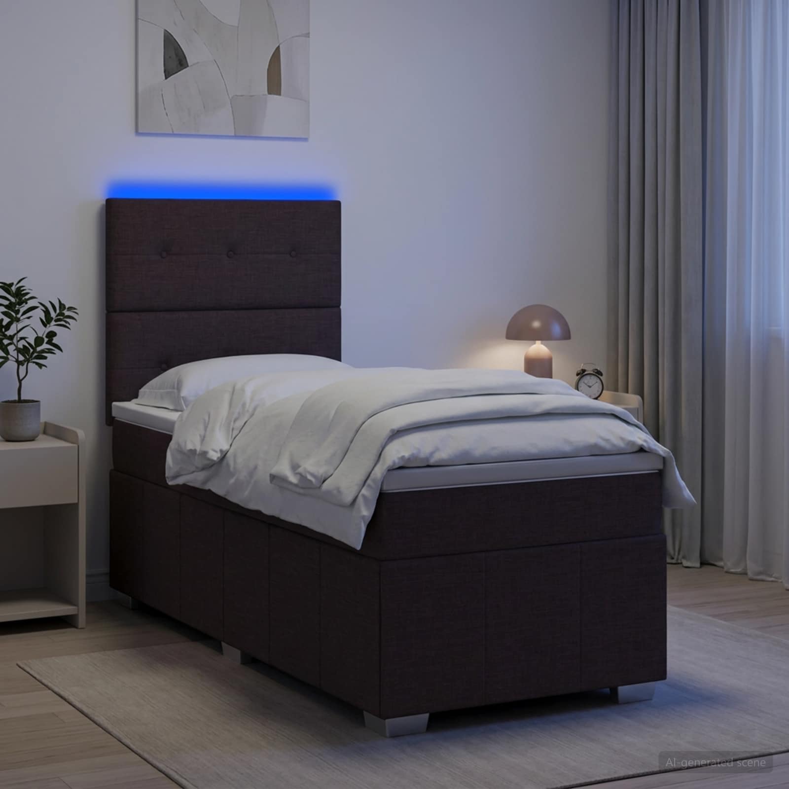 LED posteljni pod z vzmetnico Temno rjava 100 x 200 cm Blago