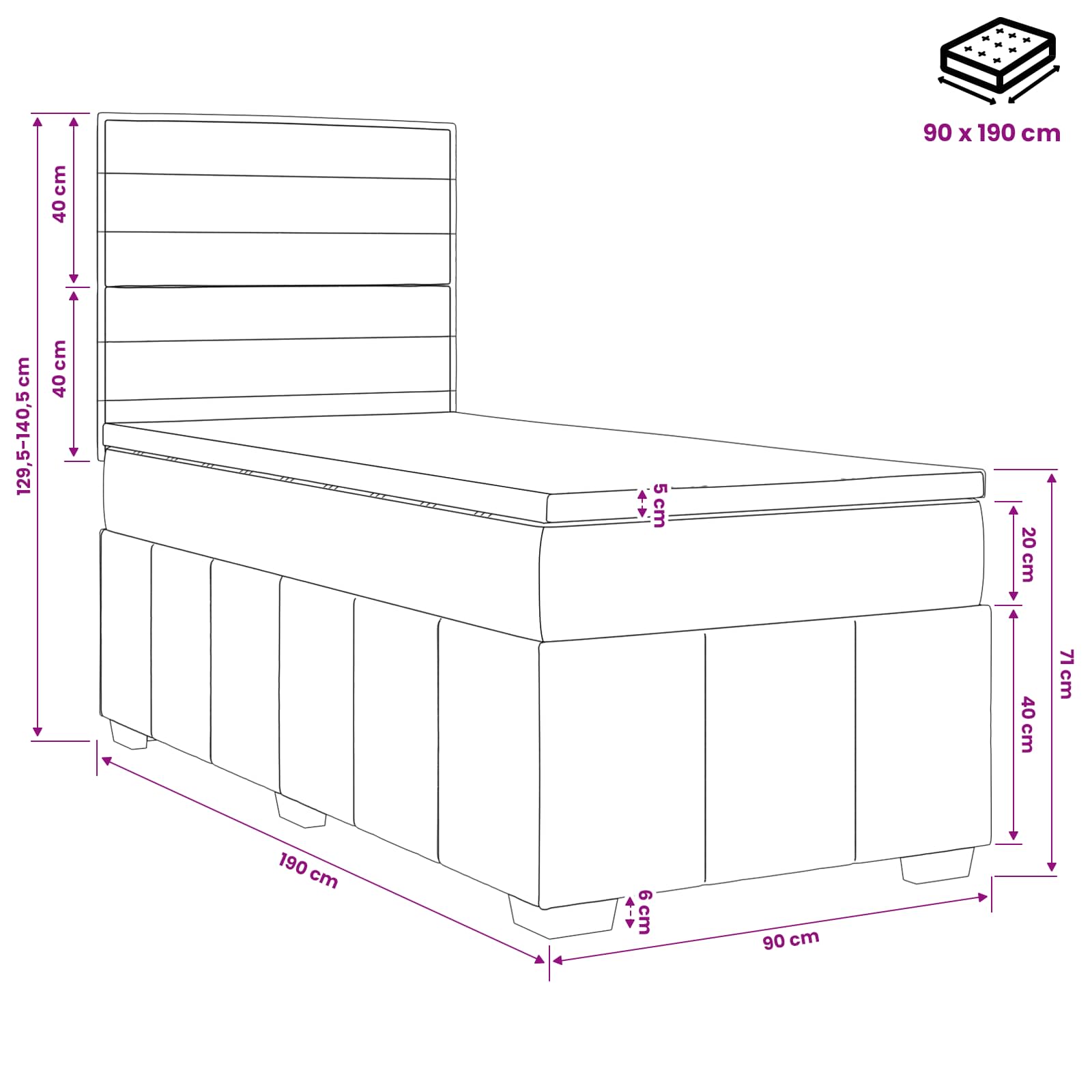 LED posteljni pod z vzmetnico Temno siva 90 x 190 cm Blago