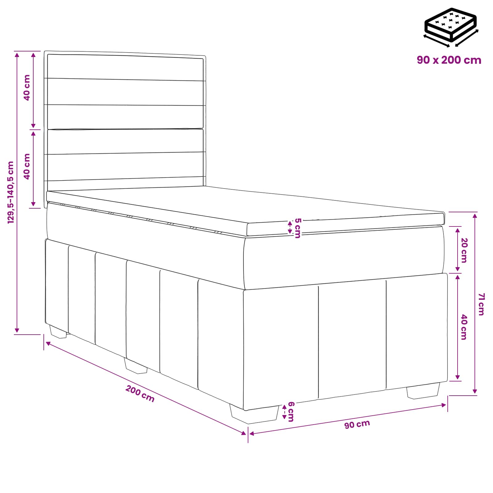 LED posteljni pod z vzmetnico Temno rjava 90 x 200 cm Blago