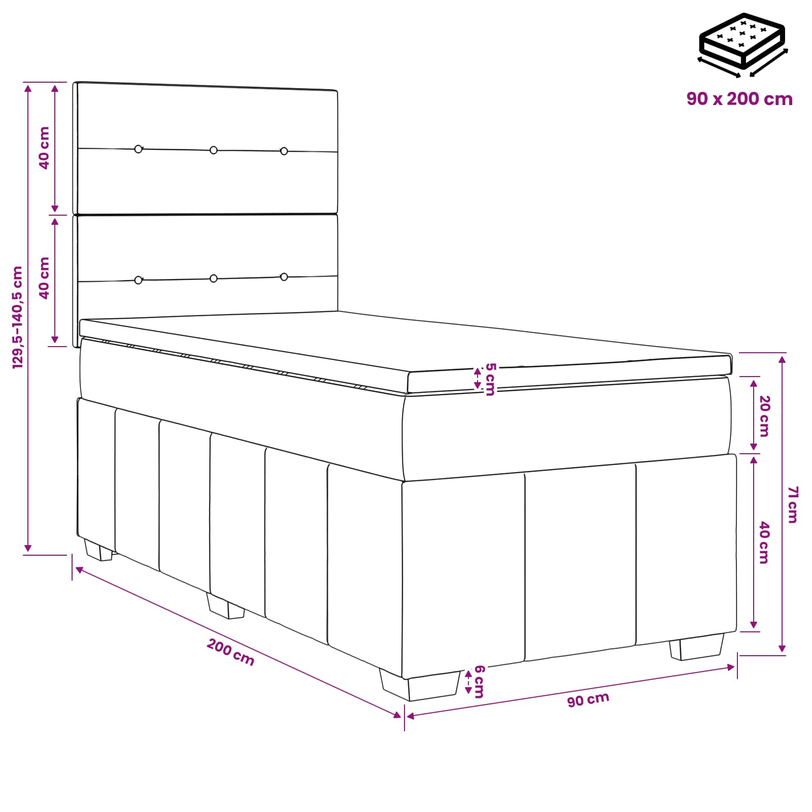 LED posteljni pod z vzmetnico Modra 90 x 200 cm Blago